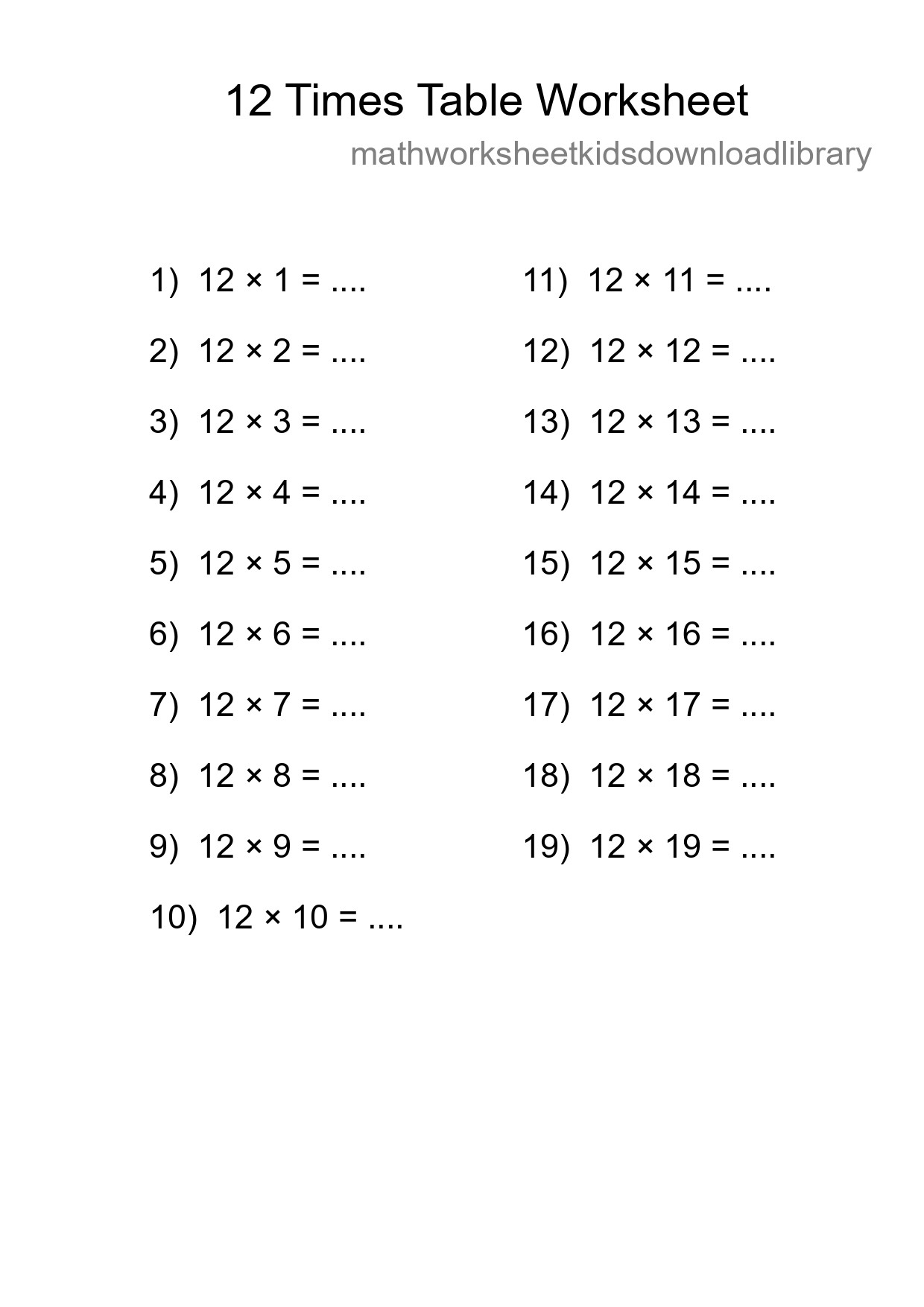 12 Times Table Worksheet For Grade 4 - Part 152