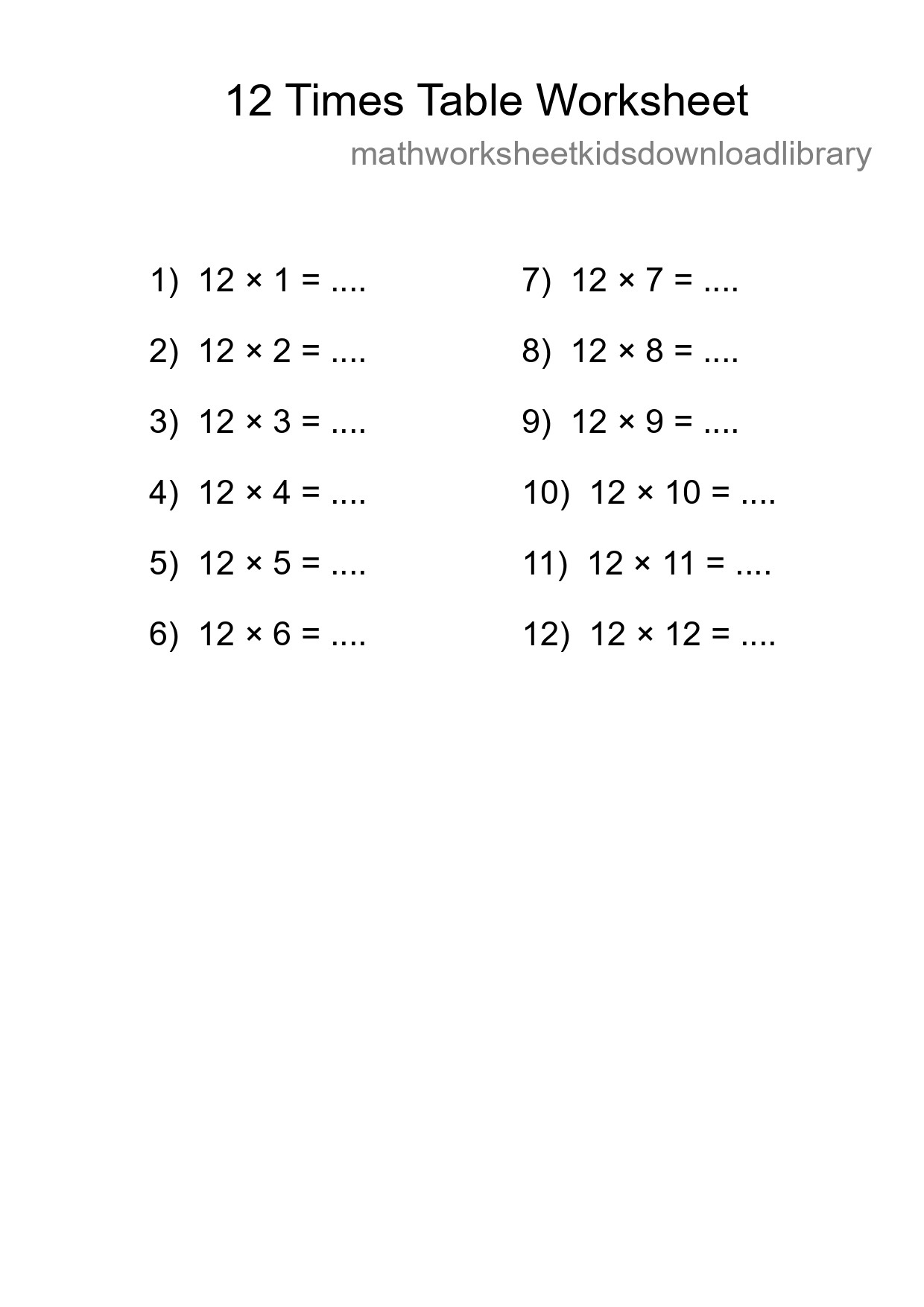 12 Times Table Worksheet For Grade 4 With Answers - Part 229