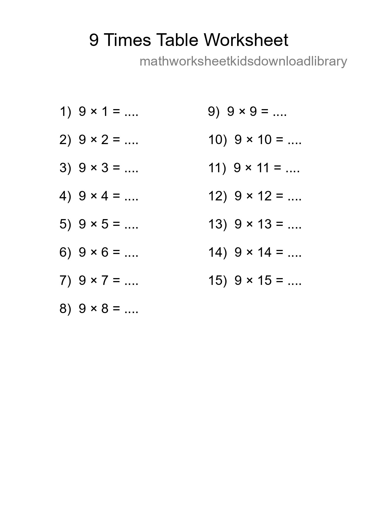 9 Times Table Worksheet For Grade 3 - Part 207
