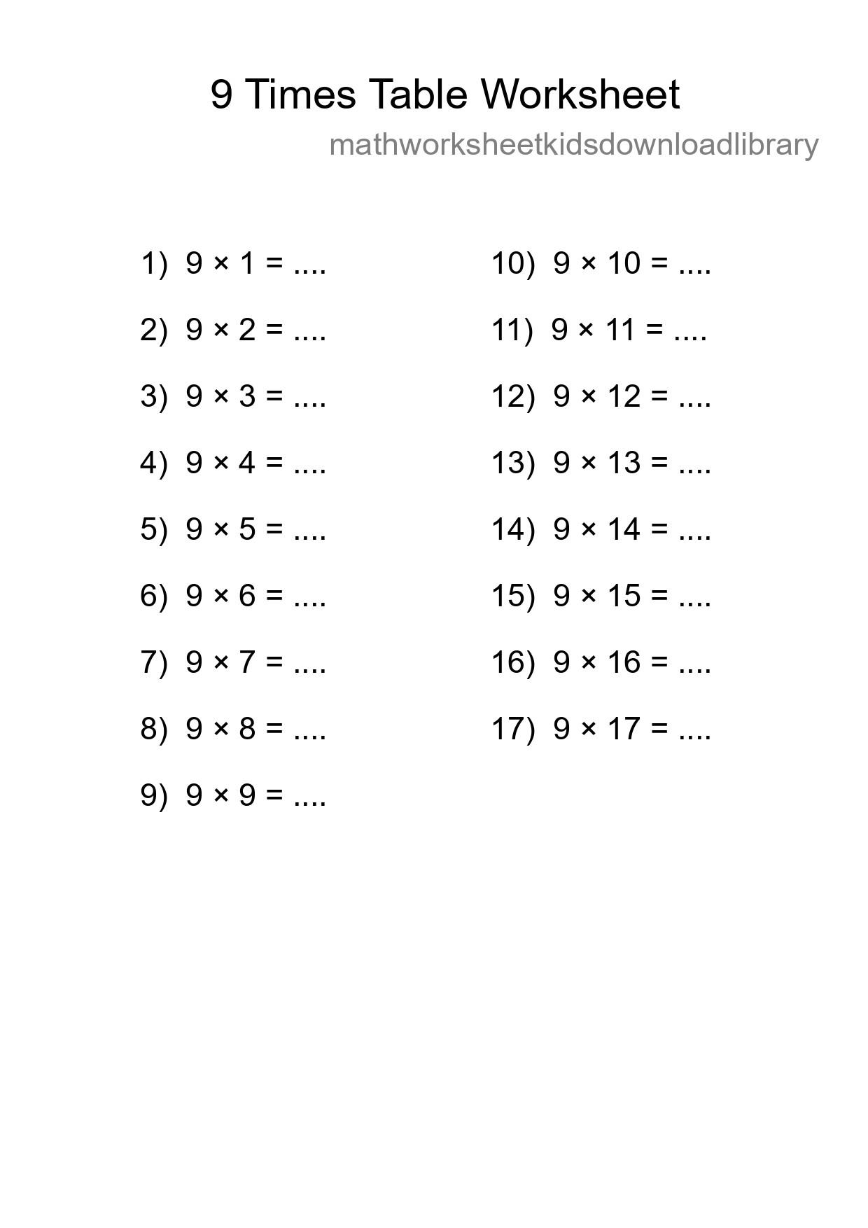 9 Times Table Worksheet For Grade 3 With Answers - Part 119