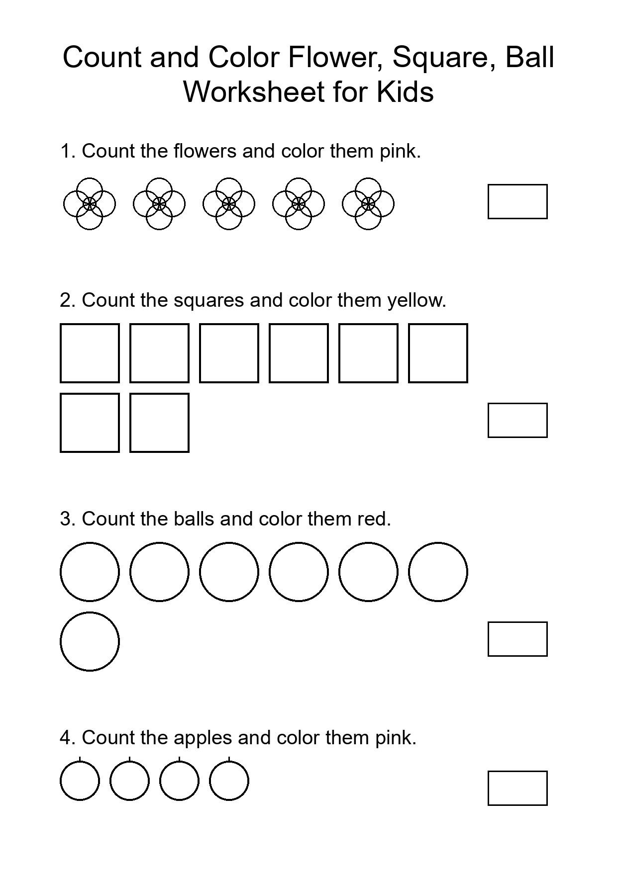 Count and Color Flower, Square, Ball Worksheet for Kids