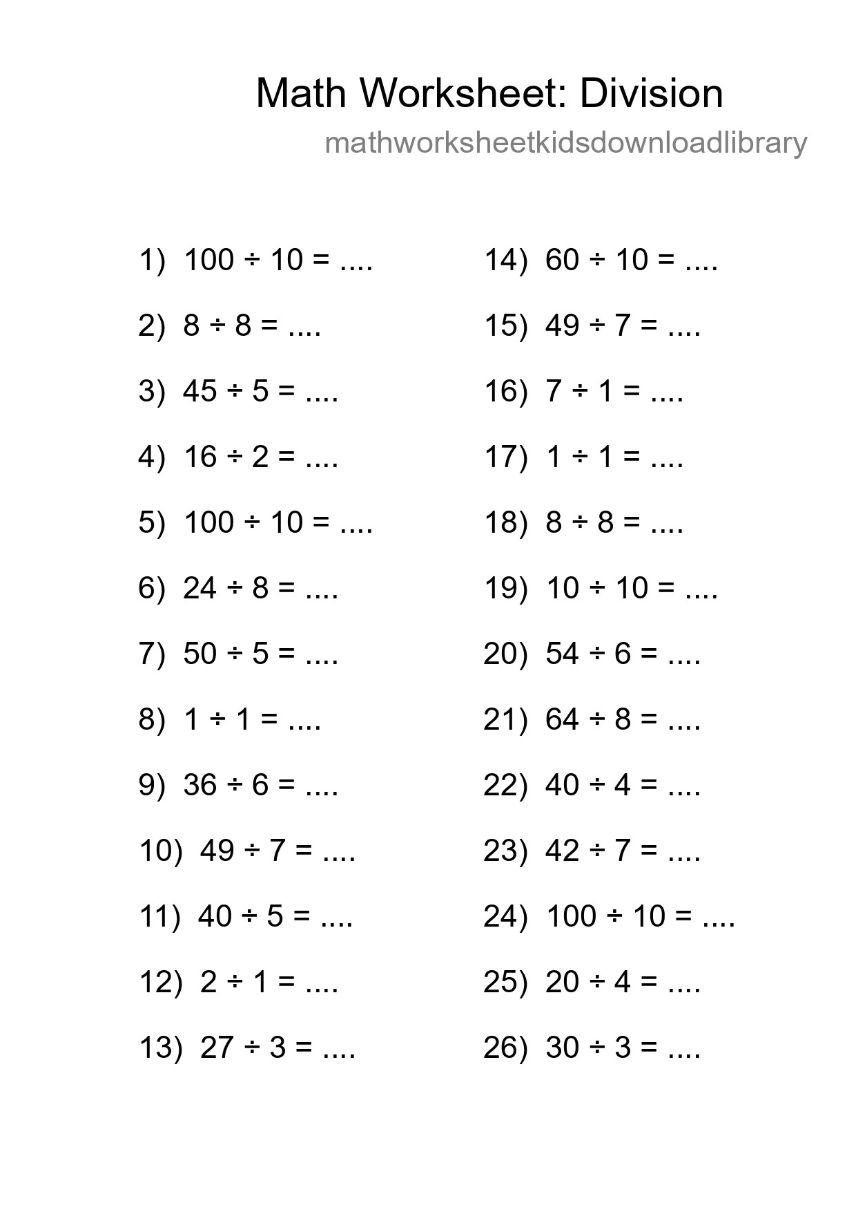 Free 26 Division Math Worksheet For Grade 1 - Part 213