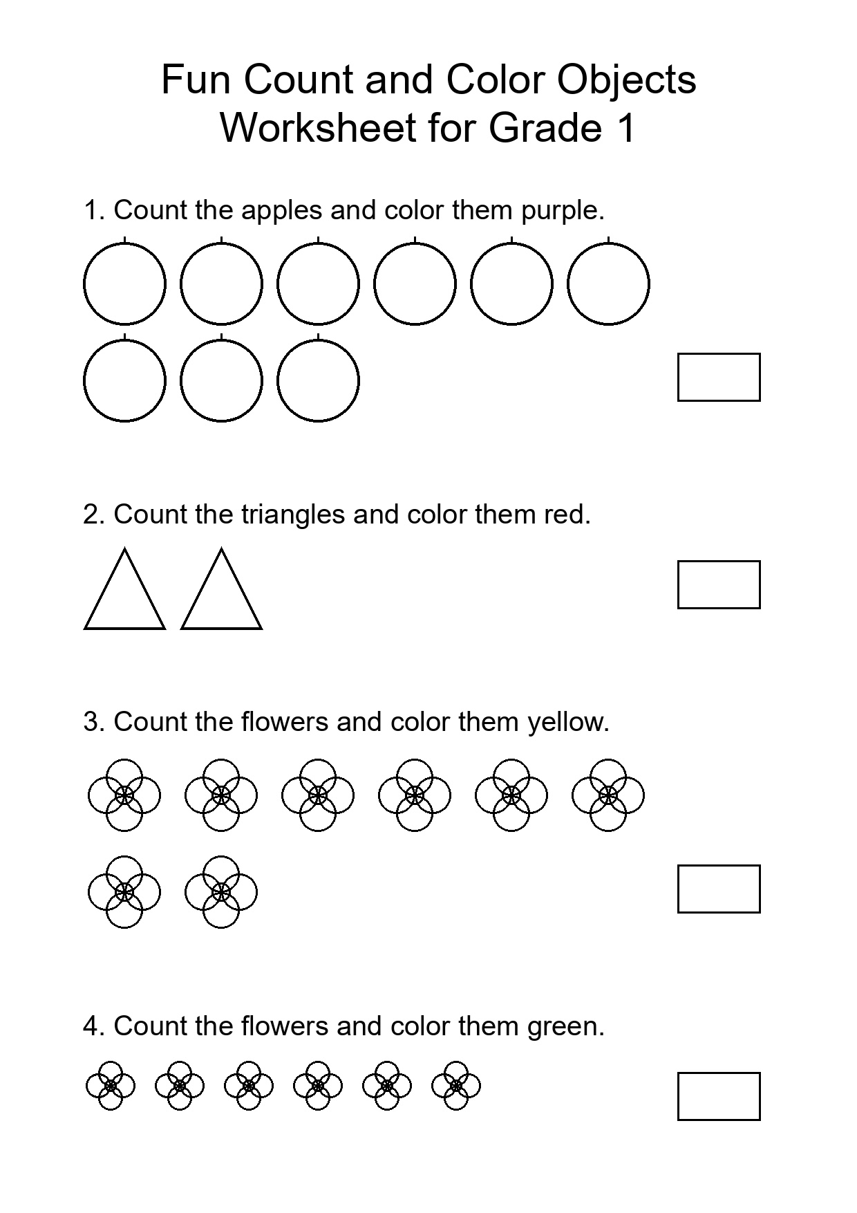 Fun Count and Color Objects Worksheet for Grade 1