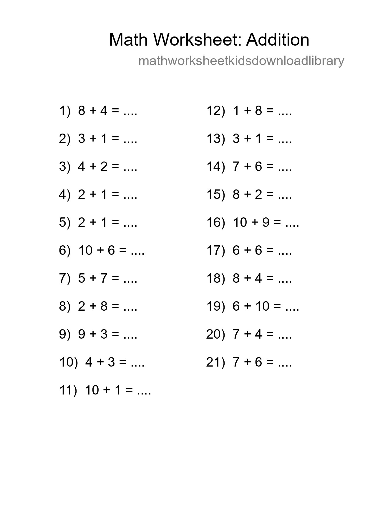 Grade 1 Addition Practice Worksheet (21 Problems) - Part 221