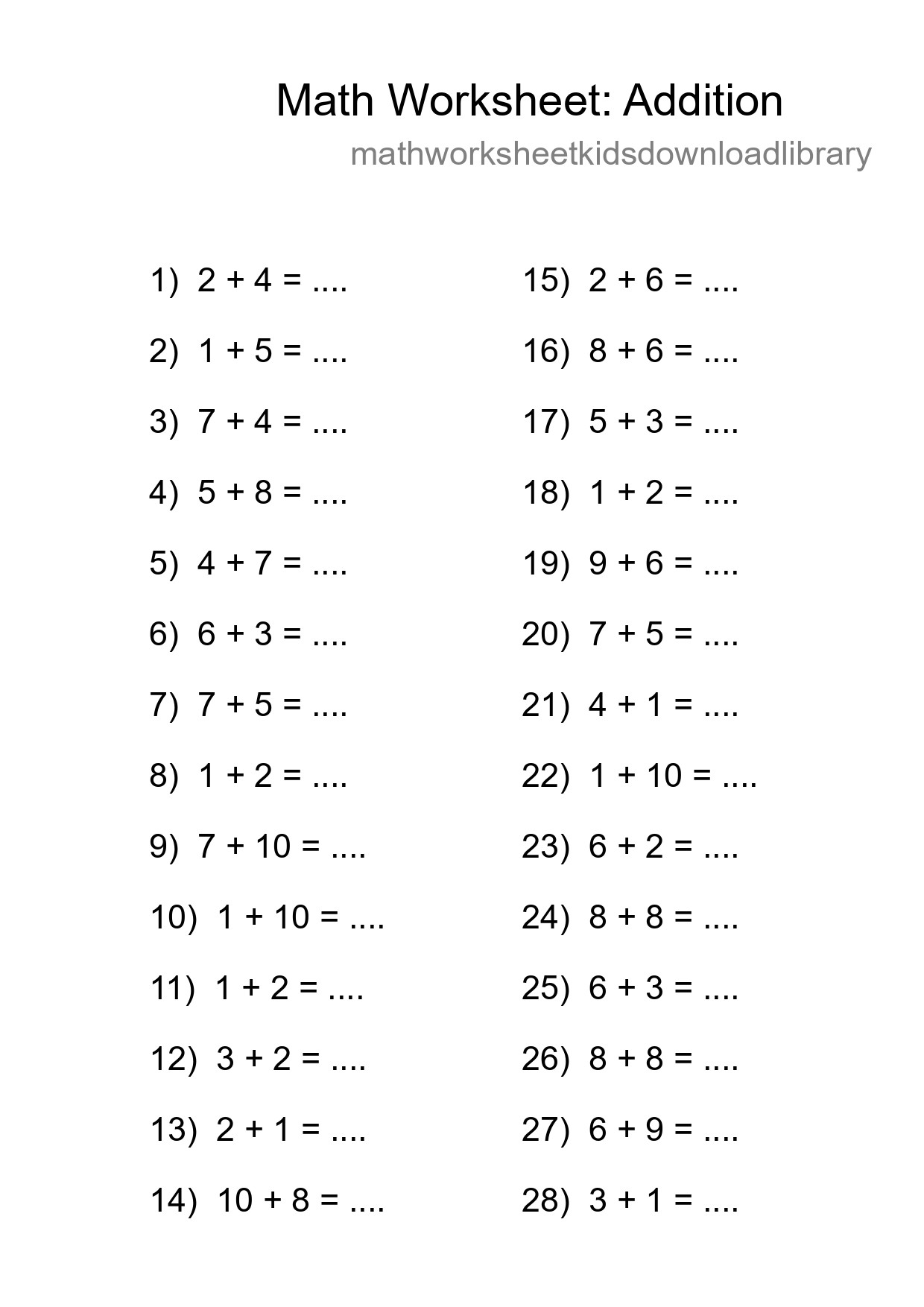 Grade 1 Addition Practice Worksheet (28 Problems) - Part 122