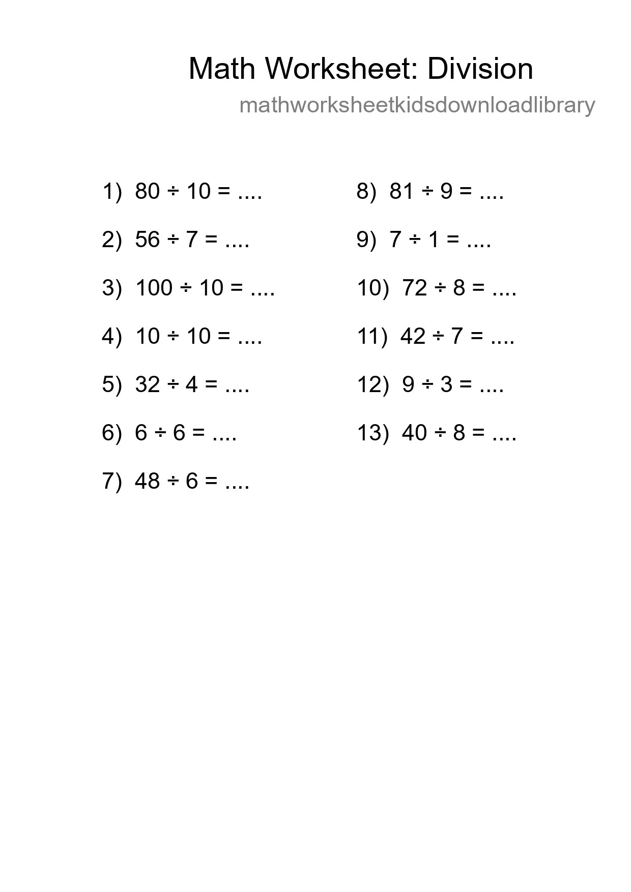 Grade 1 Division Practice Worksheet (13 Problems) - Part 81