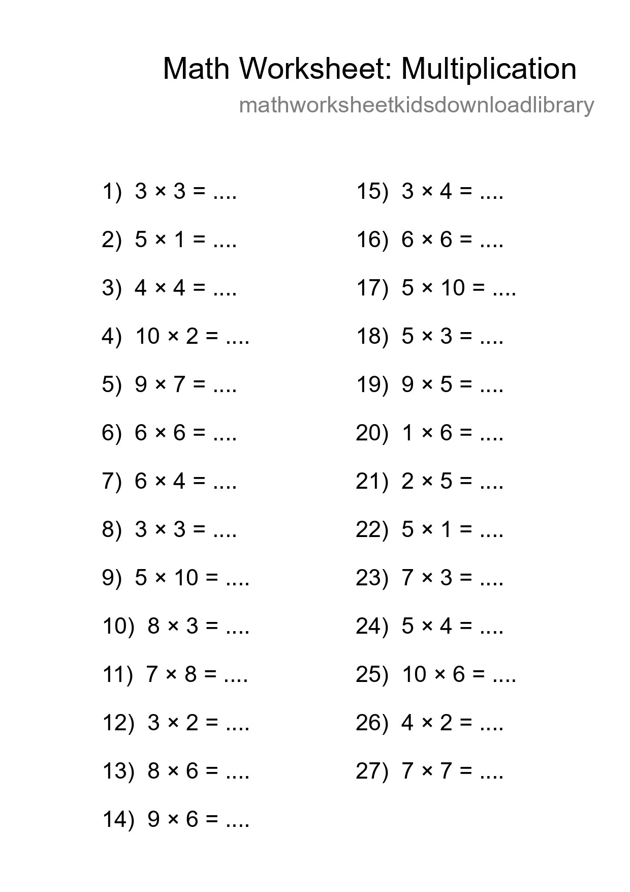 Grade 1 Multiplication Practice Worksheet (27 Problems) - Part 29