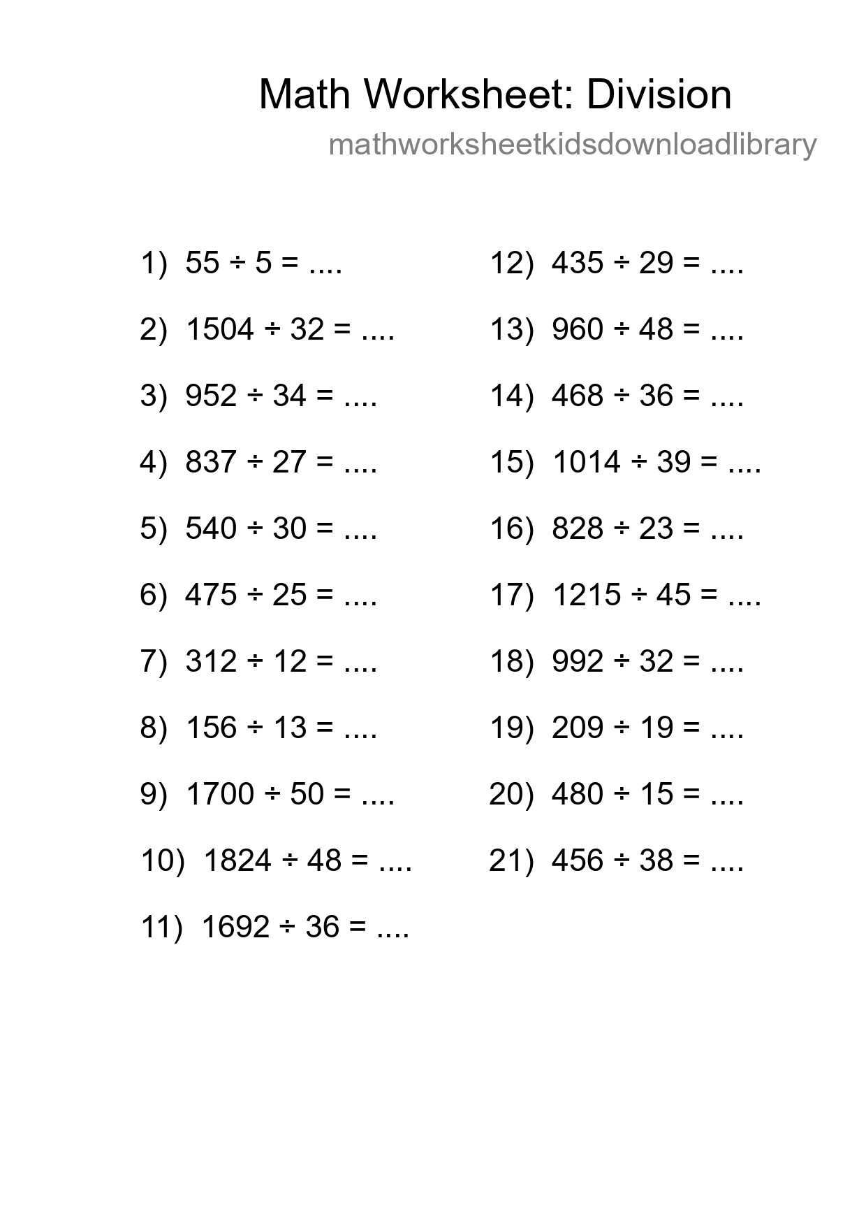 Grade 2 Division Practice Worksheet (21 Problems) - Part 235