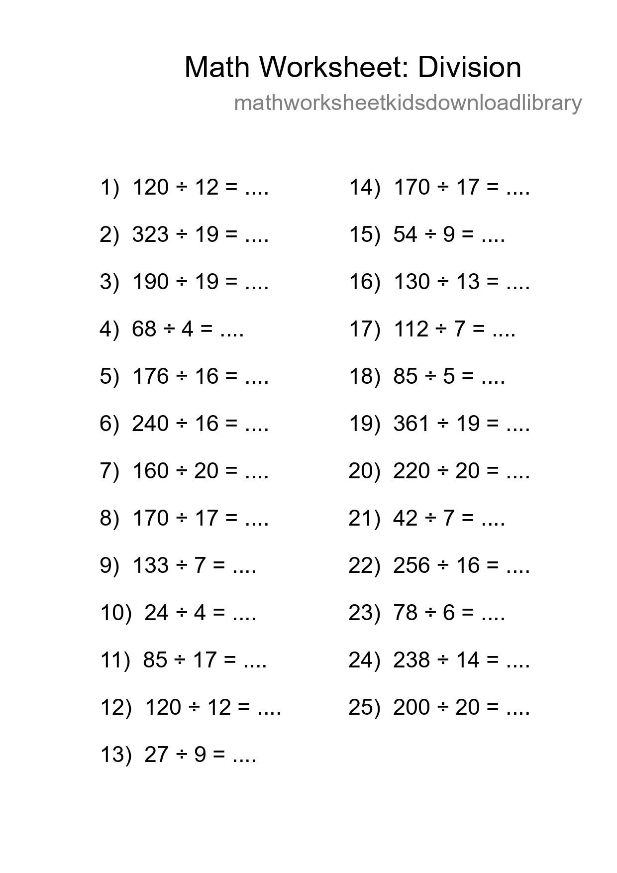 Grade 2 Division Practice Worksheet (25 Problems) - Part 92