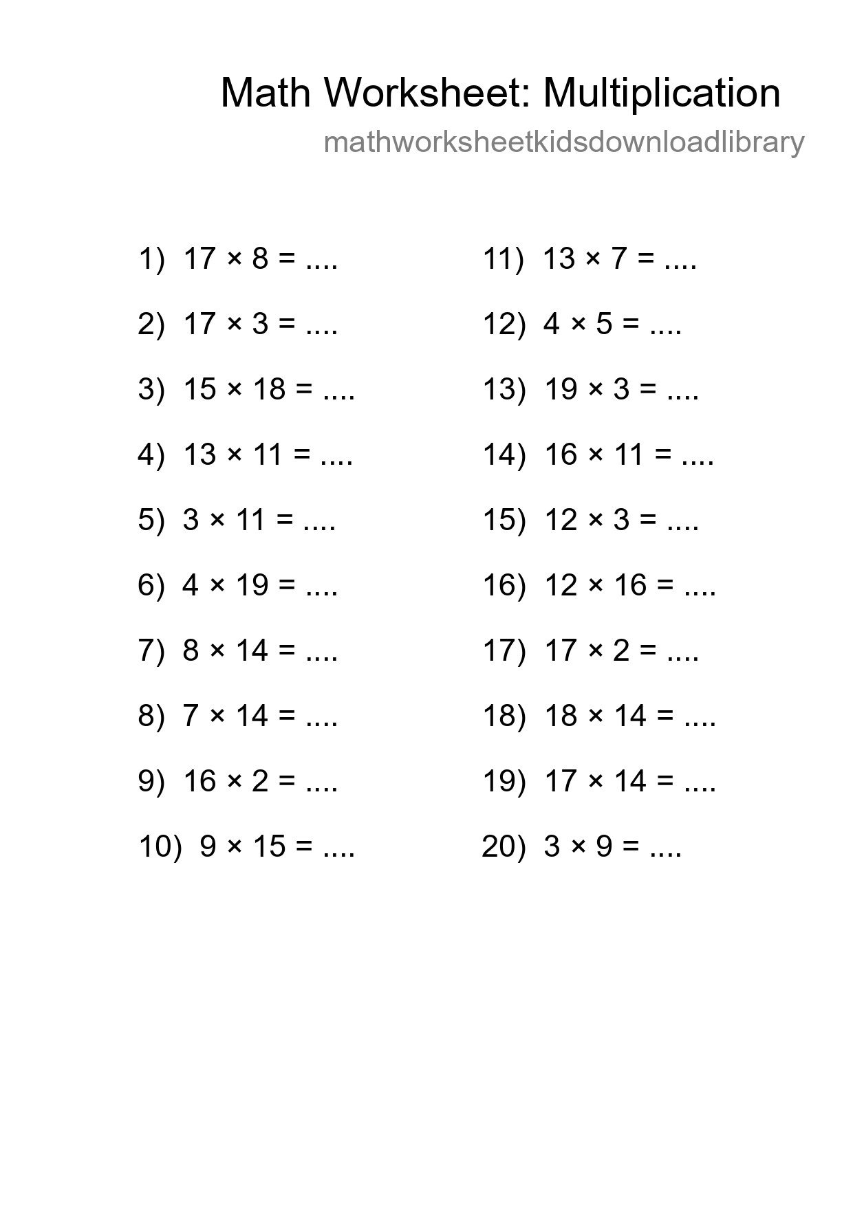 Grade 2 Multiplication Practice Worksheet (20 Problems) - Part 172
