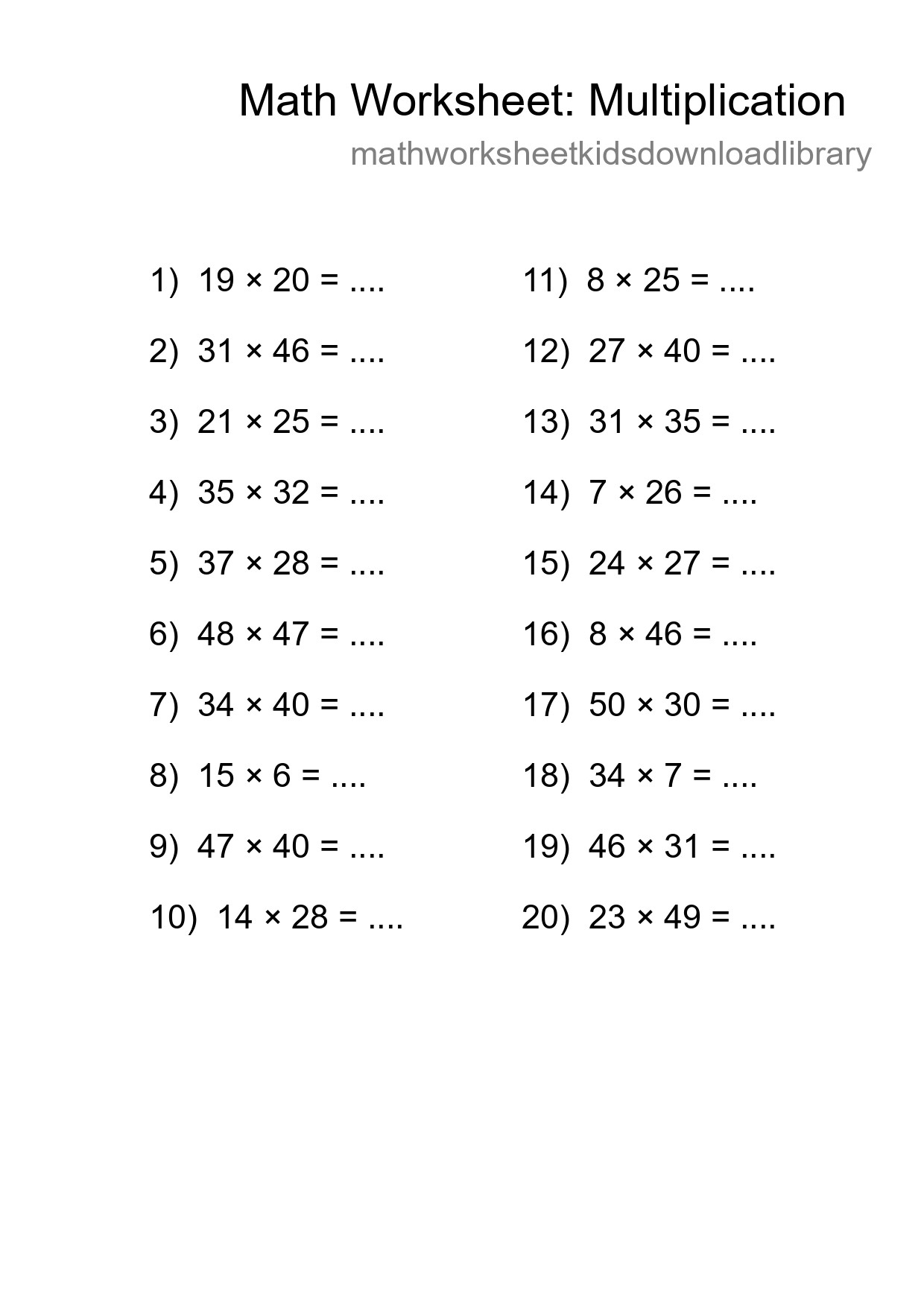 Grade 2 Multiplication Practice Worksheet (20 Problems) - Part 7
