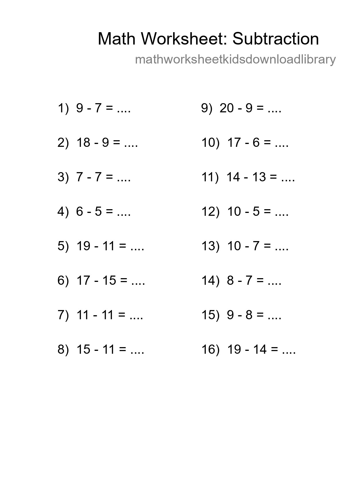 Grade 2 Subtraction Practice Worksheet (16 Problems) - Part 162
