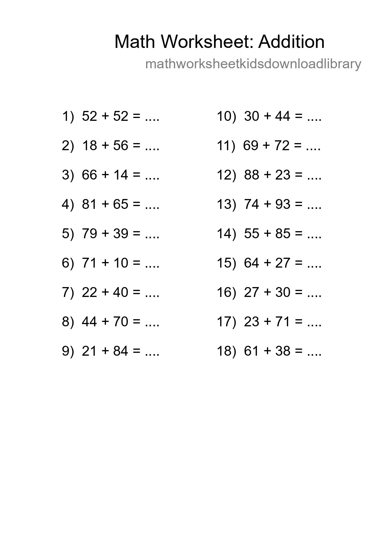 Grade 3 Addition Practice Worksheet (18 Problems)