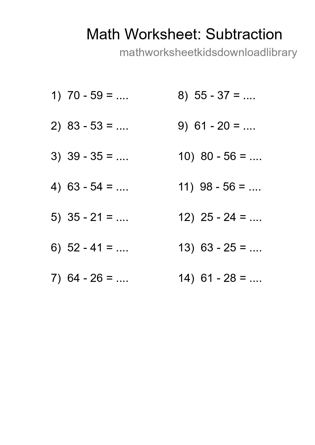 Grade 3 Subtraction Practice Worksheet (14 Problems) - Part 250
