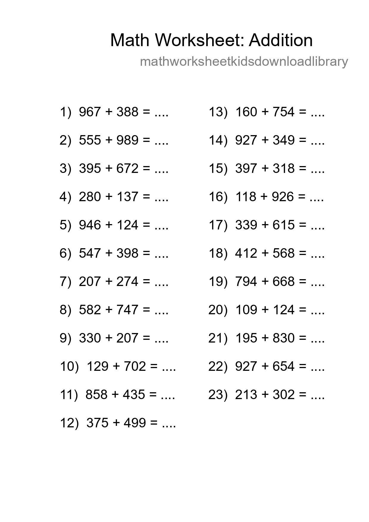 Grade 5 Addition Practice Worksheet (23 Problems) - Part 188