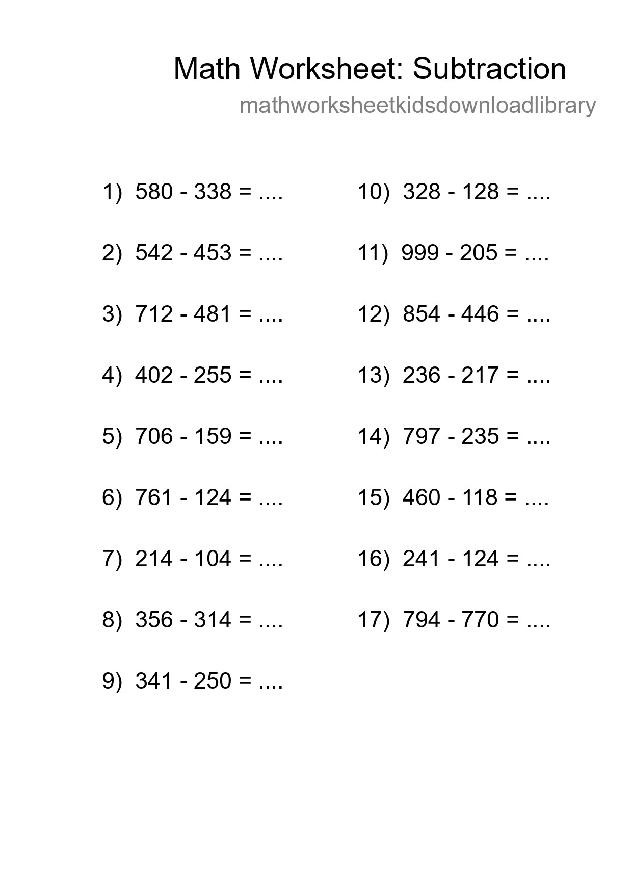 Grade 5 Subtraction Practice Worksheet (17 Problems) - Part 63