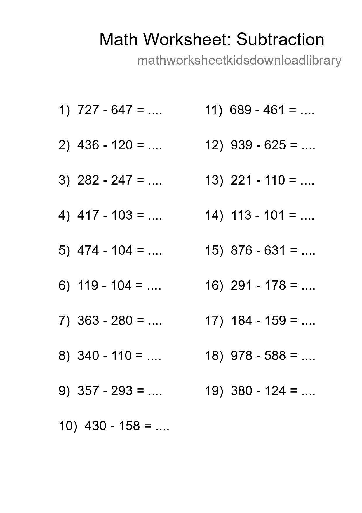 Grade 5 Subtraction Practice Worksheet (19 Problems) - Part 85