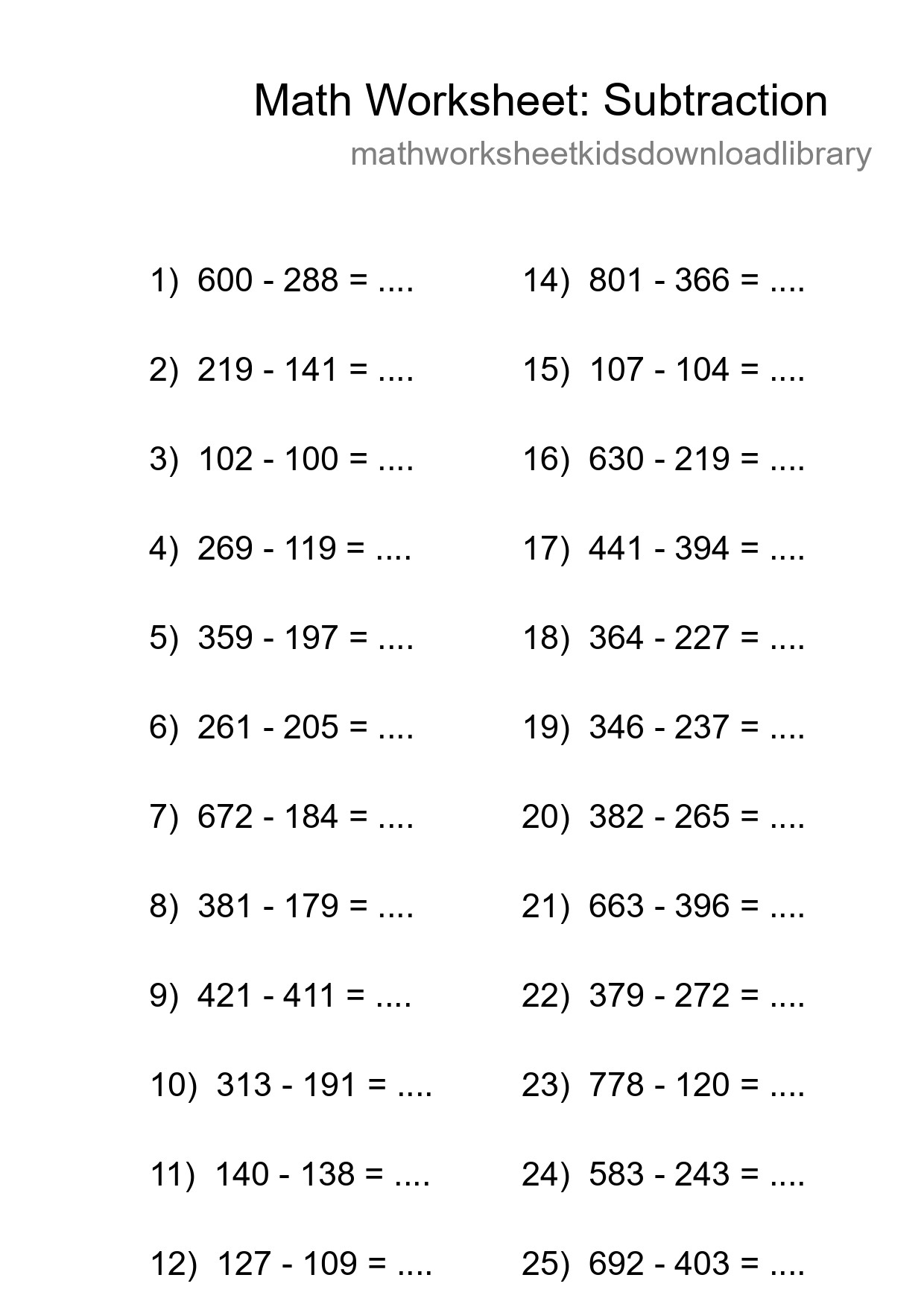 Grade 5 Subtraction Practice Worksheet (25 Problems) - Part 184