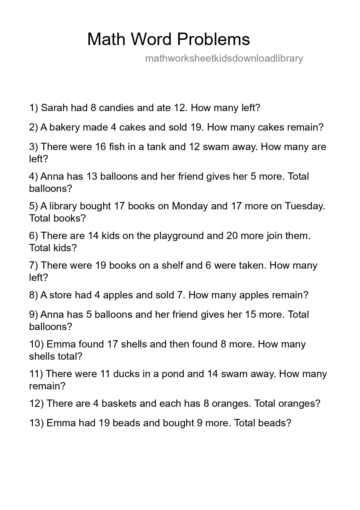 Math Word Problem Worksheet