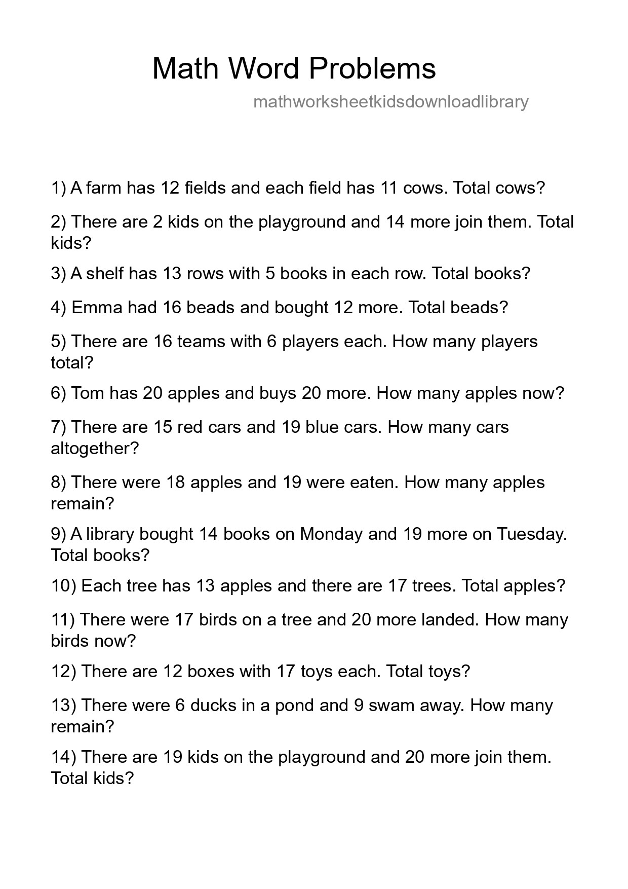 Math Word Problem Worksheet