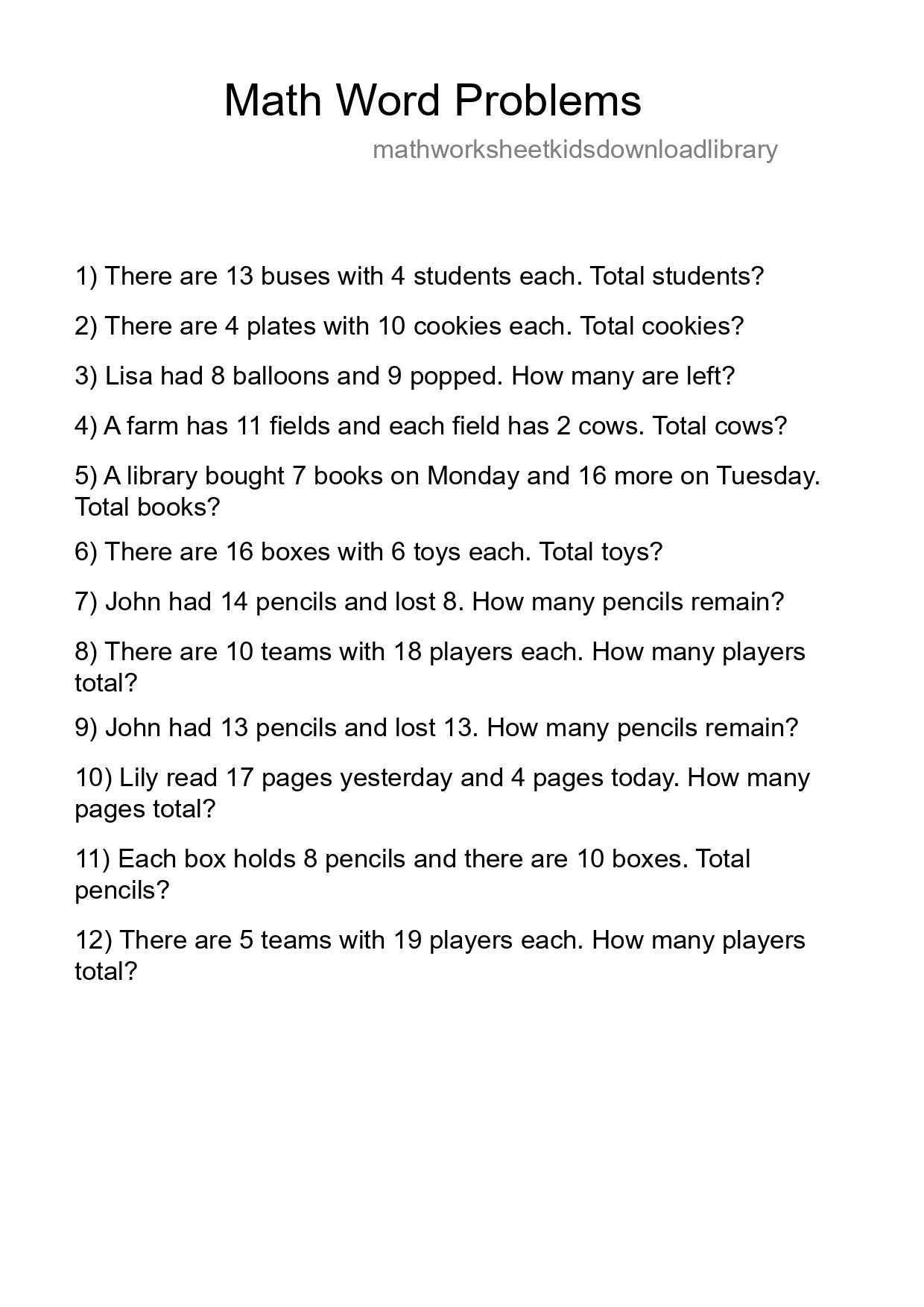 Math Word Problem Worksheet