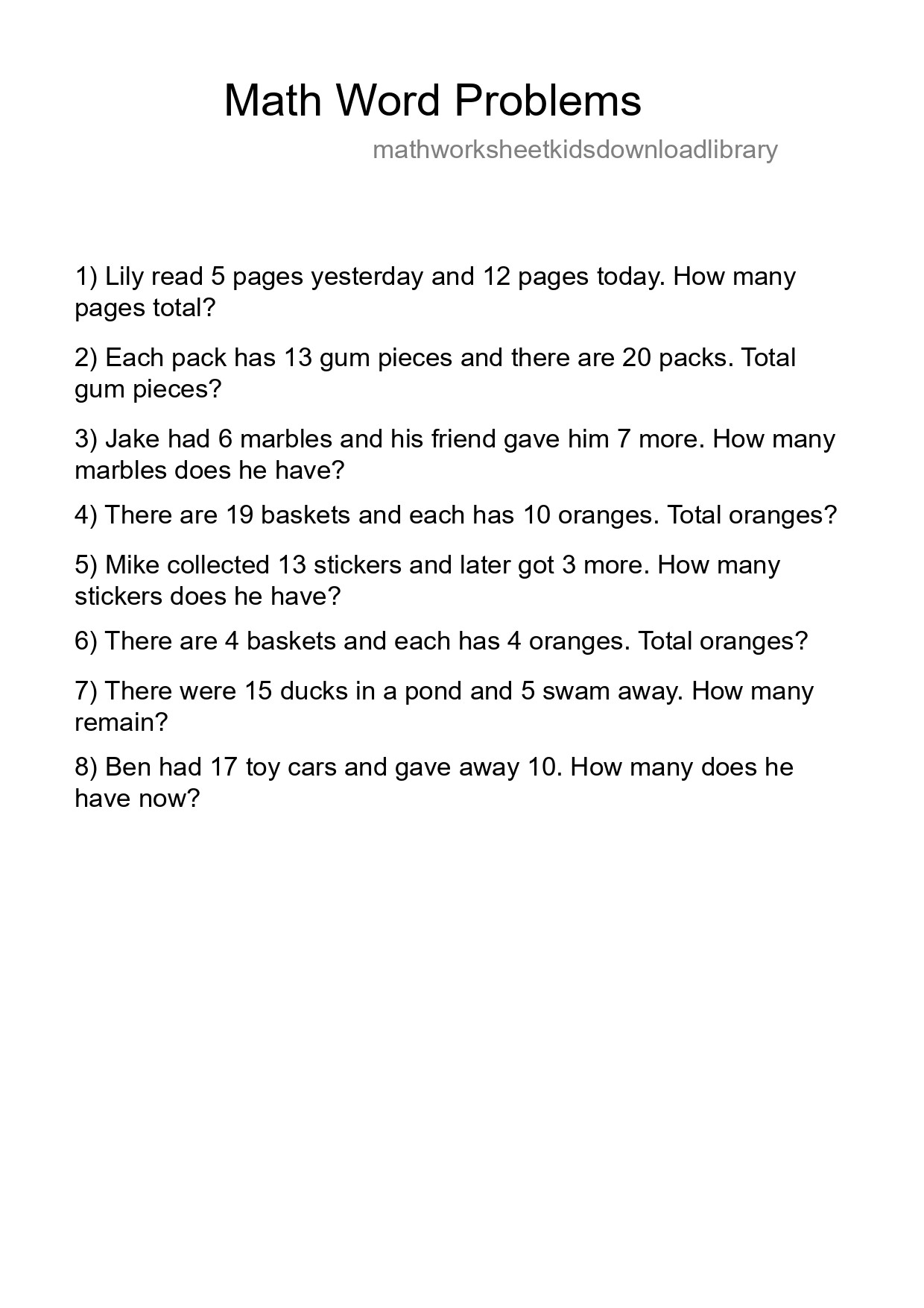 Math Word Problem Worksheet