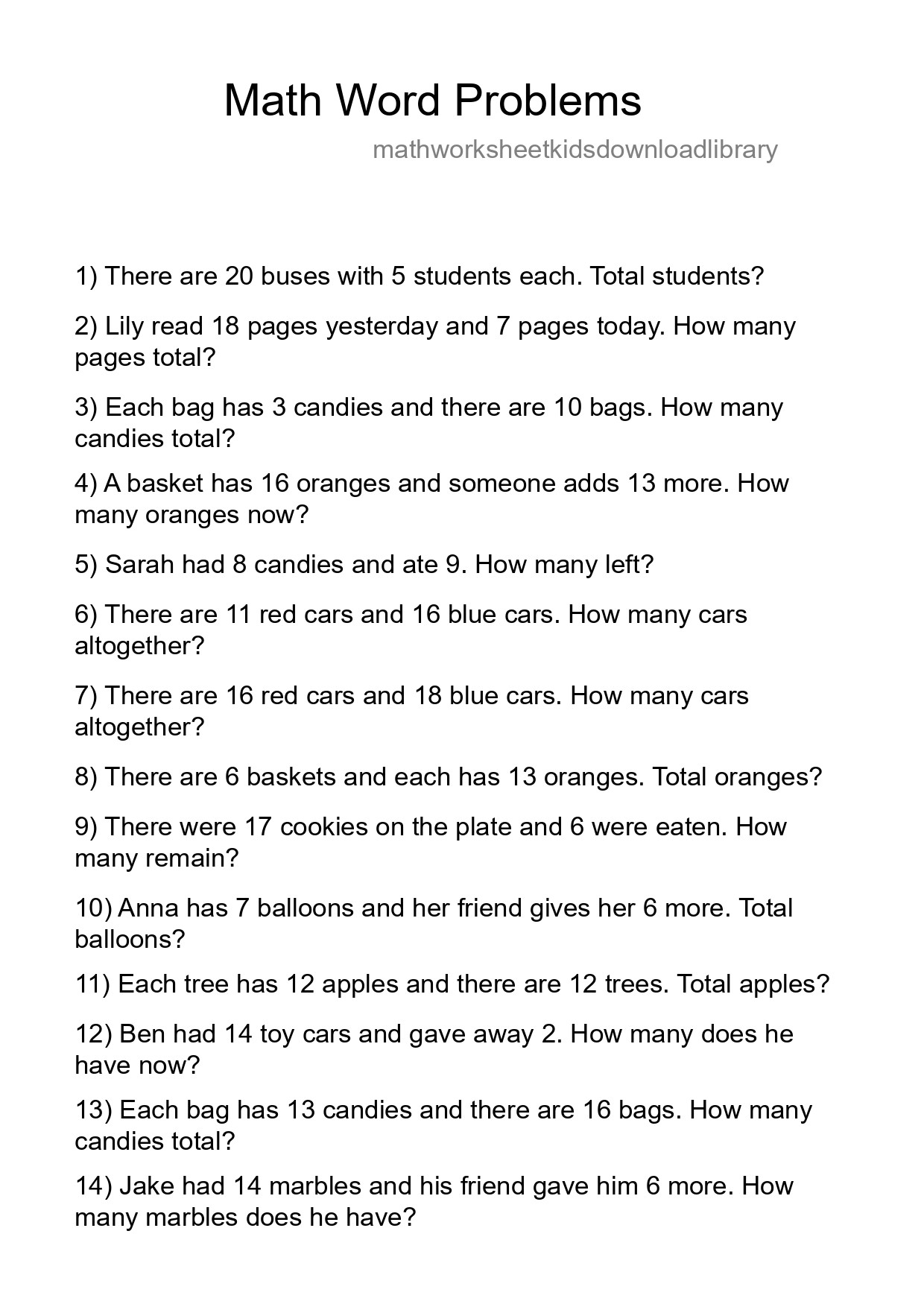 Math Word Problem Worksheet