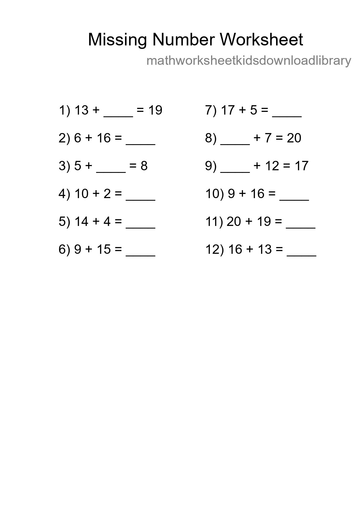 Missing Number Math Worksheet