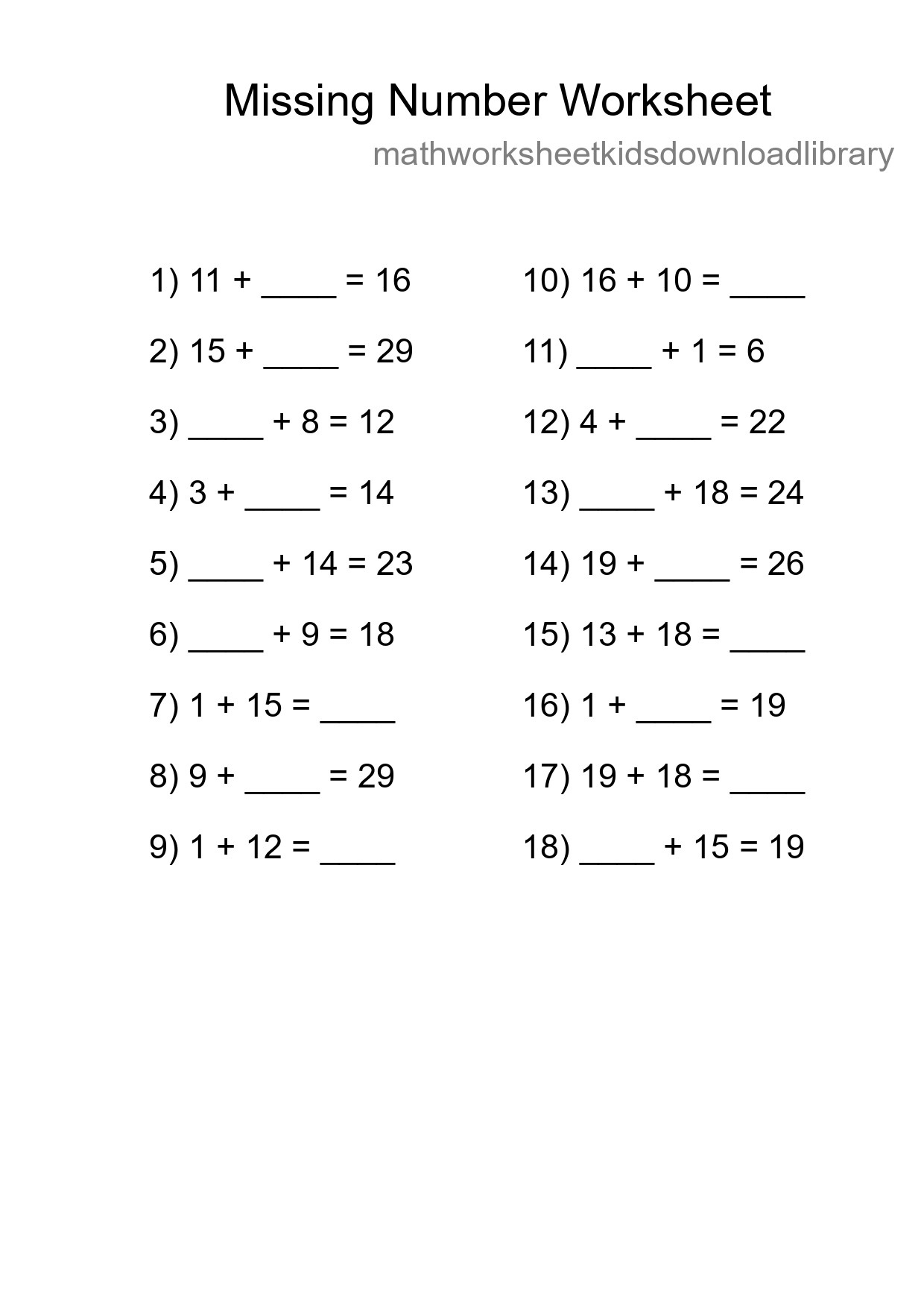 Missing Number Math Worksheet