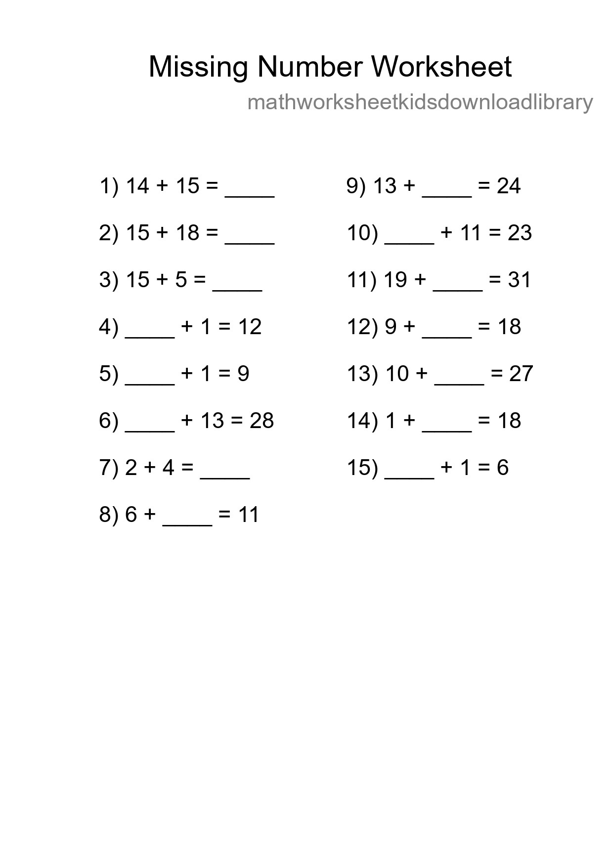 Missing Number Math Worksheet