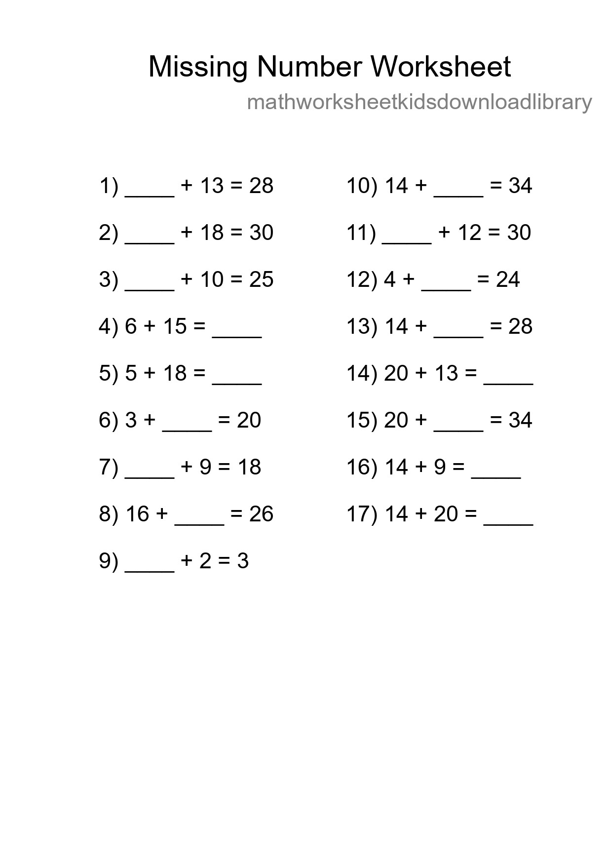Missing Number Math Worksheet