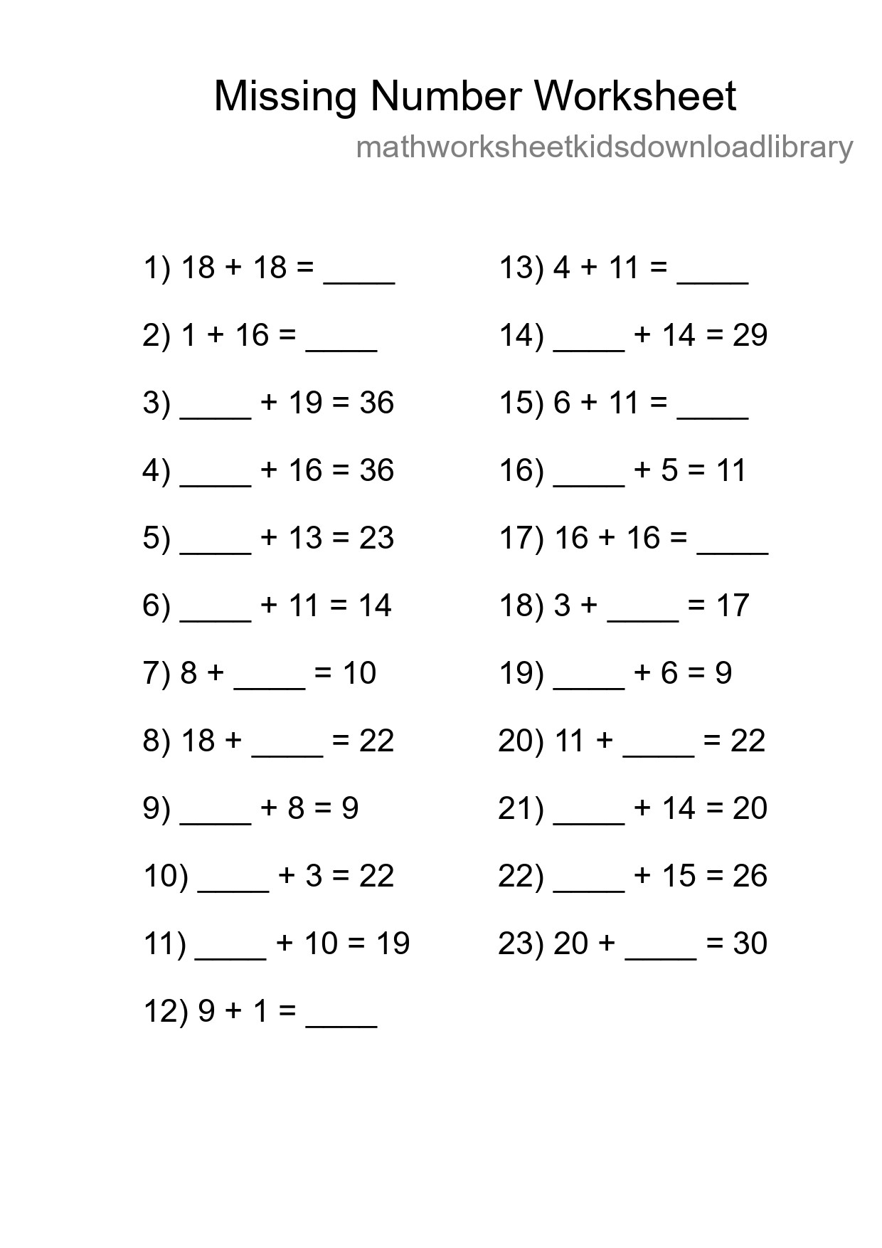 Missing Number Math Worksheet