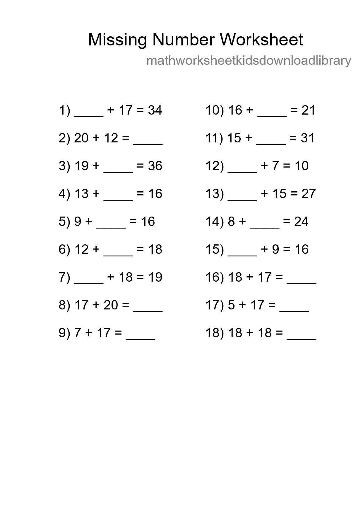 Missing Number Math Worksheet