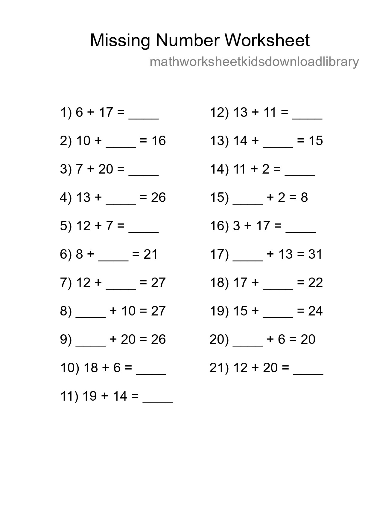 Missing Number Math Worksheet