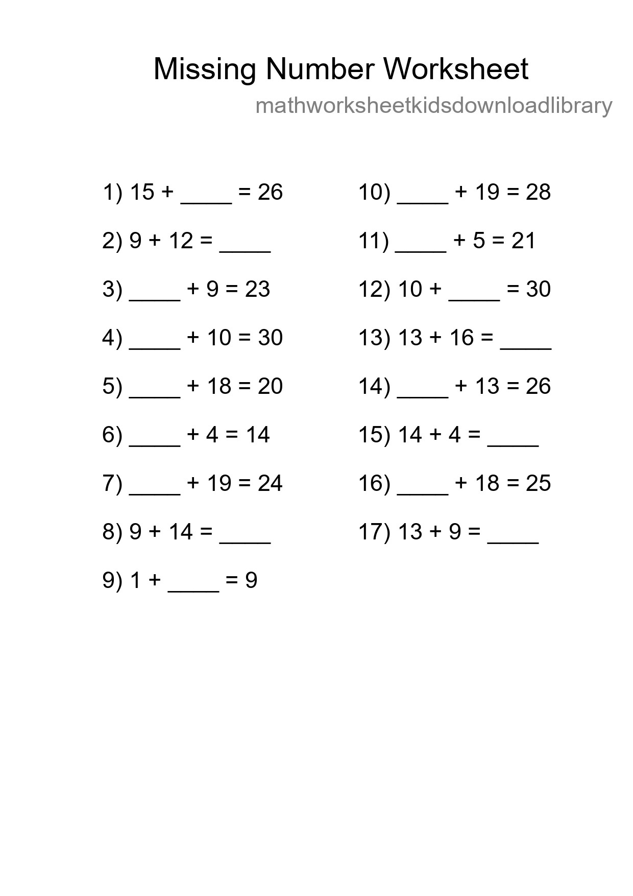 Missing Number Math Worksheet