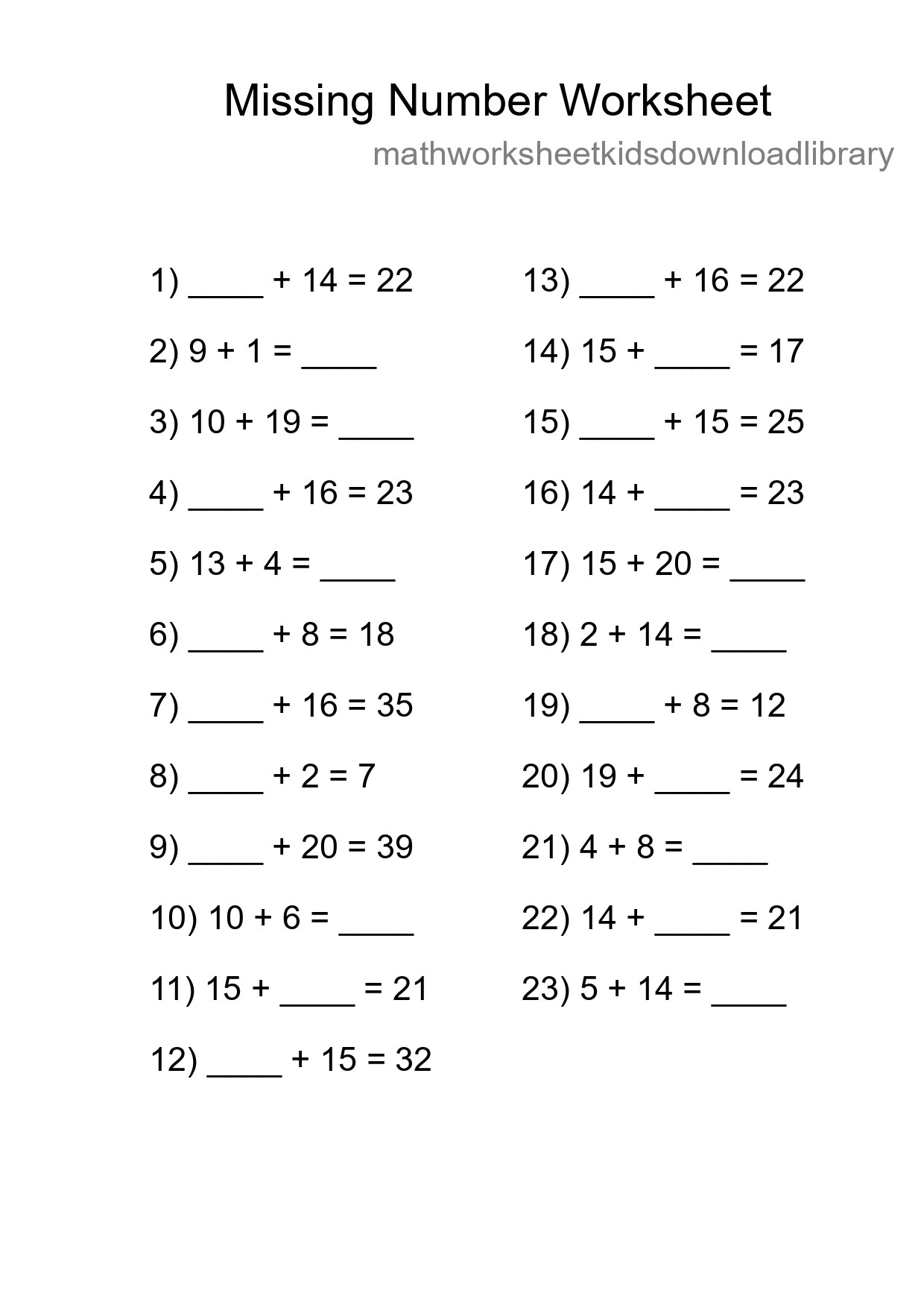Missing Number Math Worksheet