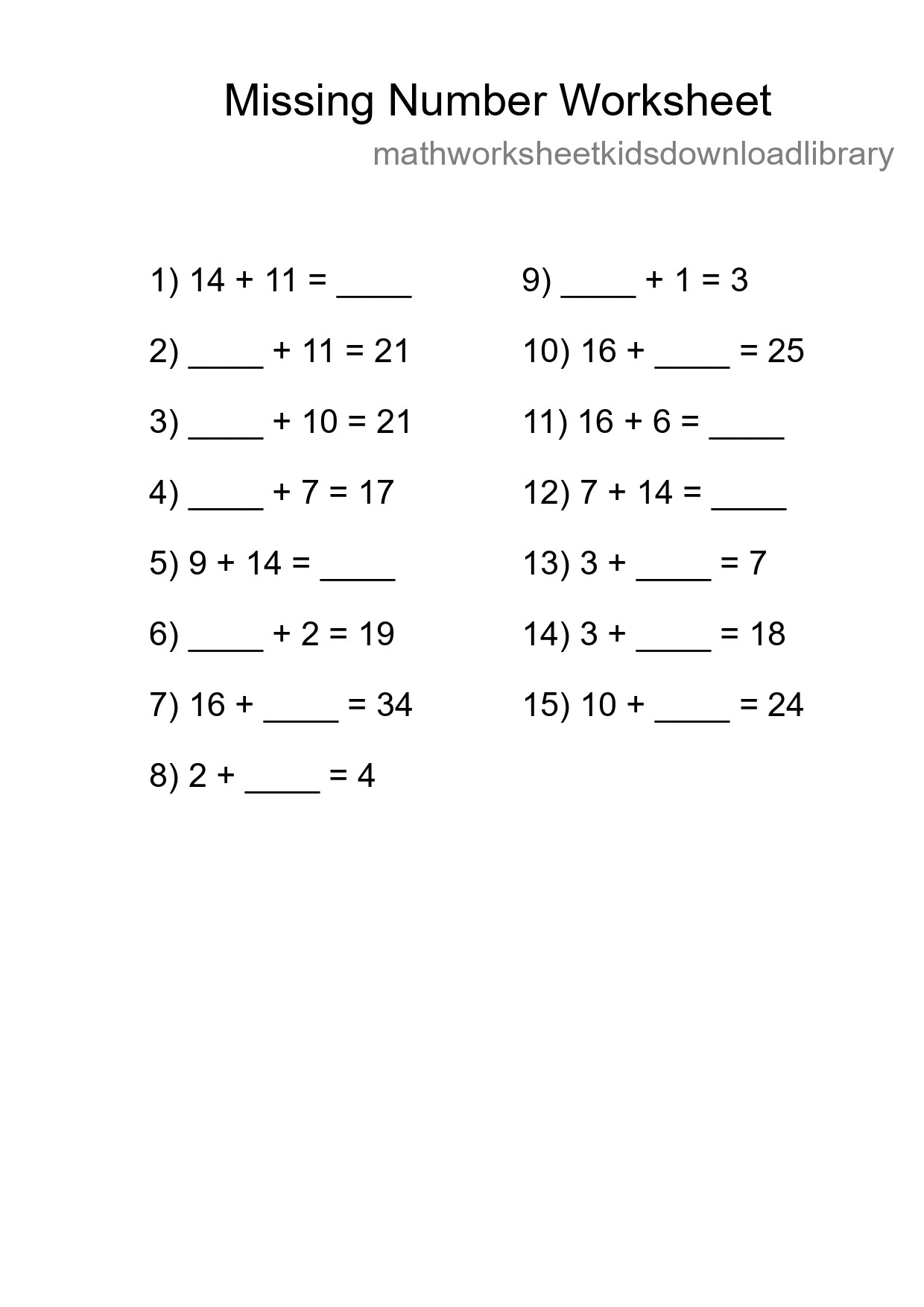 Missing Number Math Worksheet