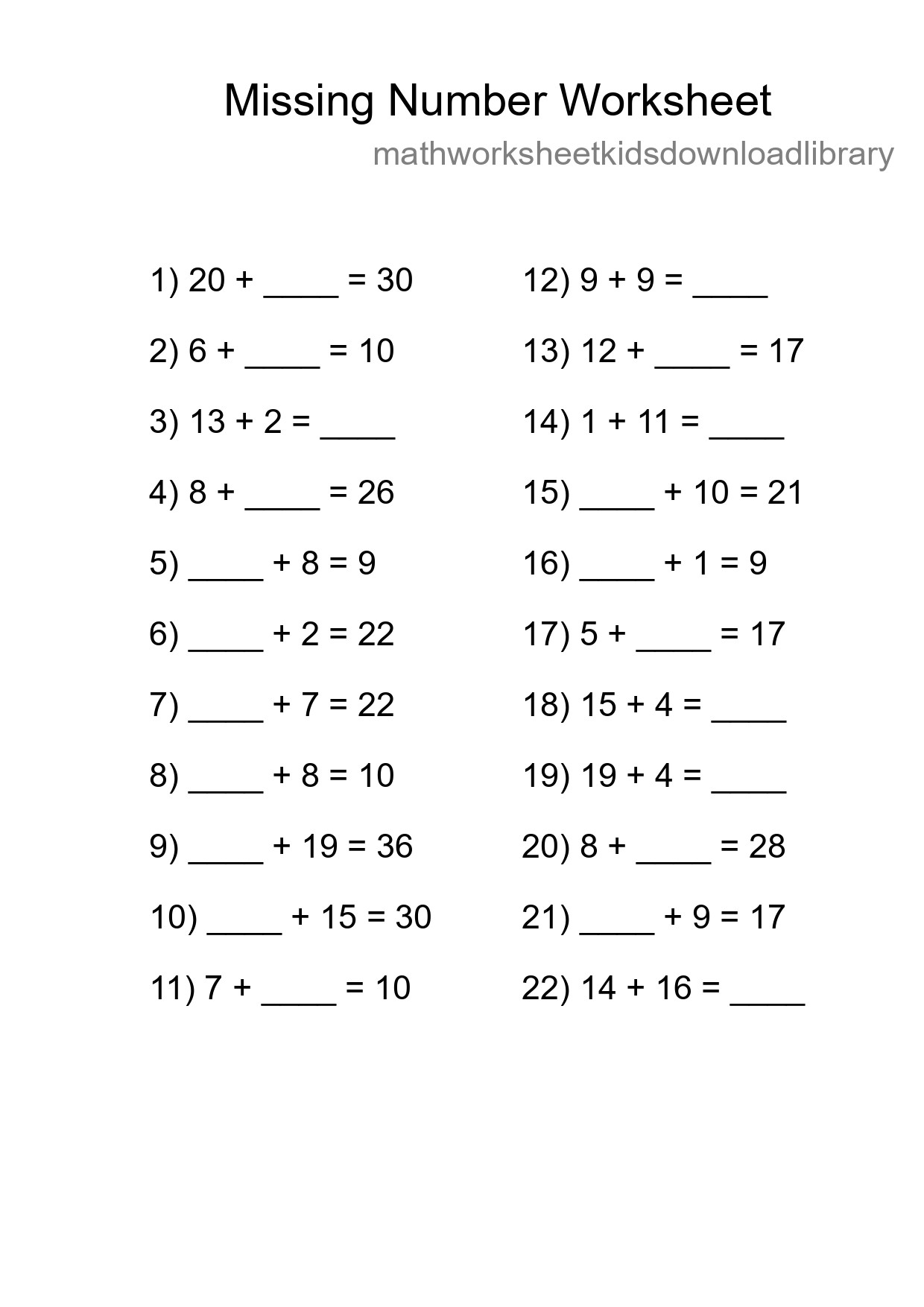 Missing Number Math Worksheet