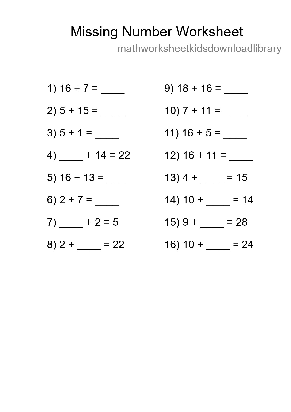 Missing Number Math Worksheet