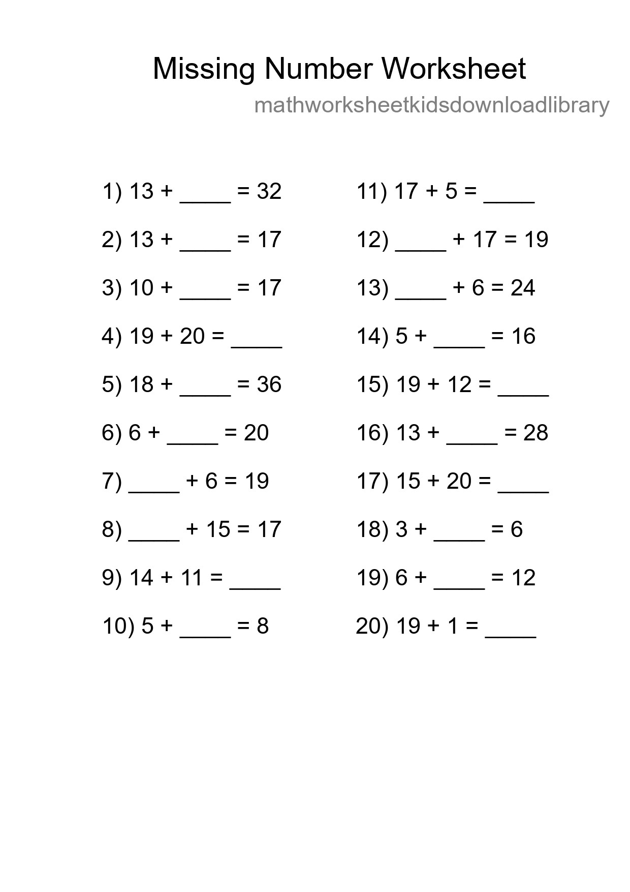 Missing Number Math Worksheet