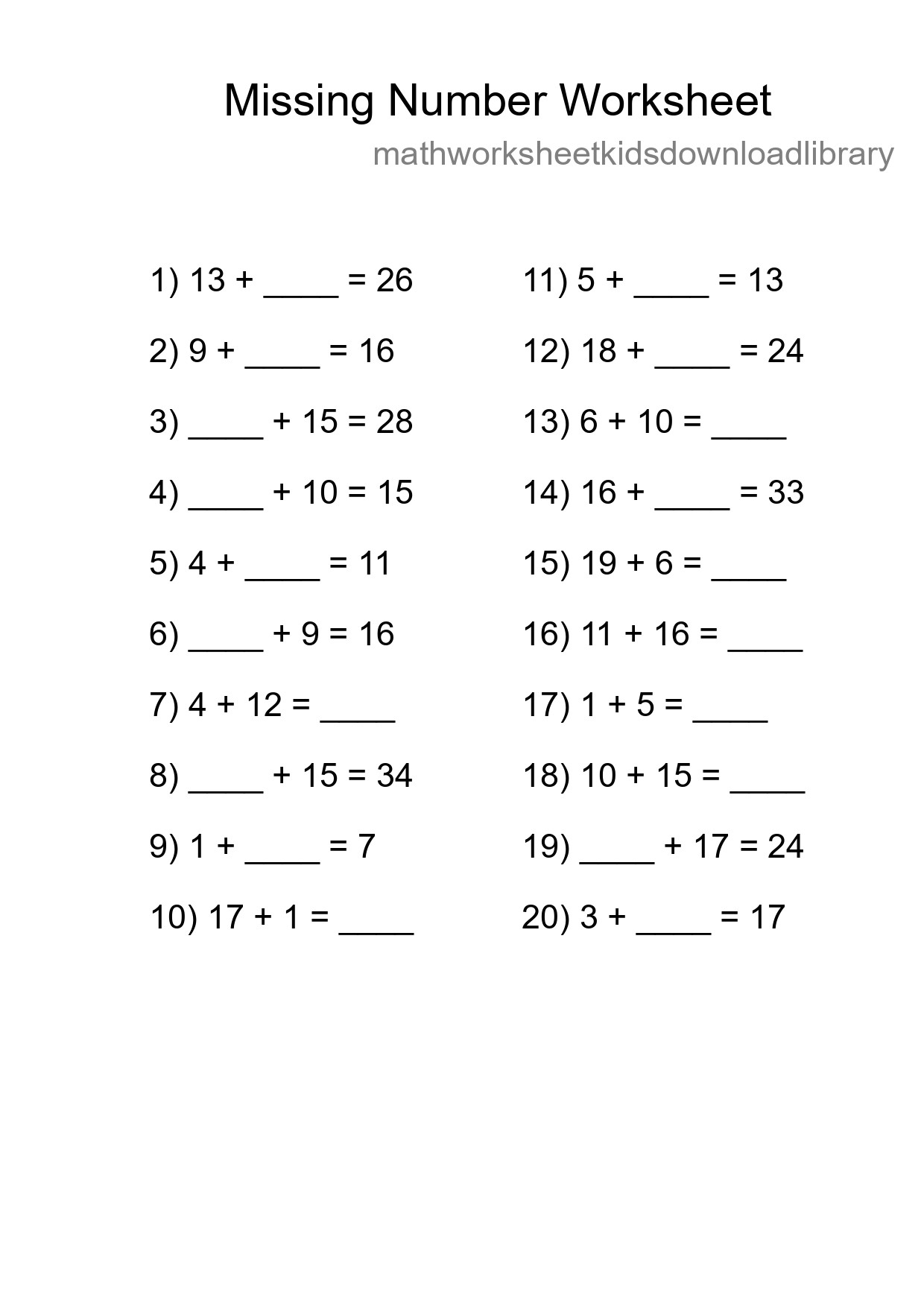 Missing Number Math Worksheet