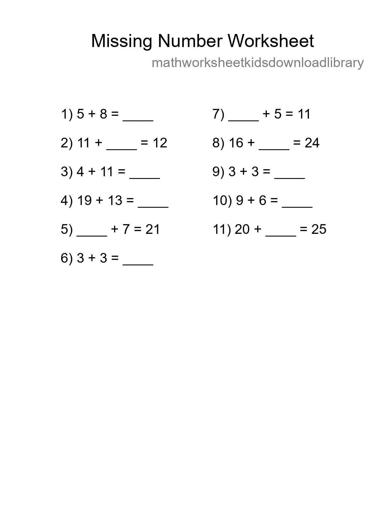 Missing Number Math Worksheet