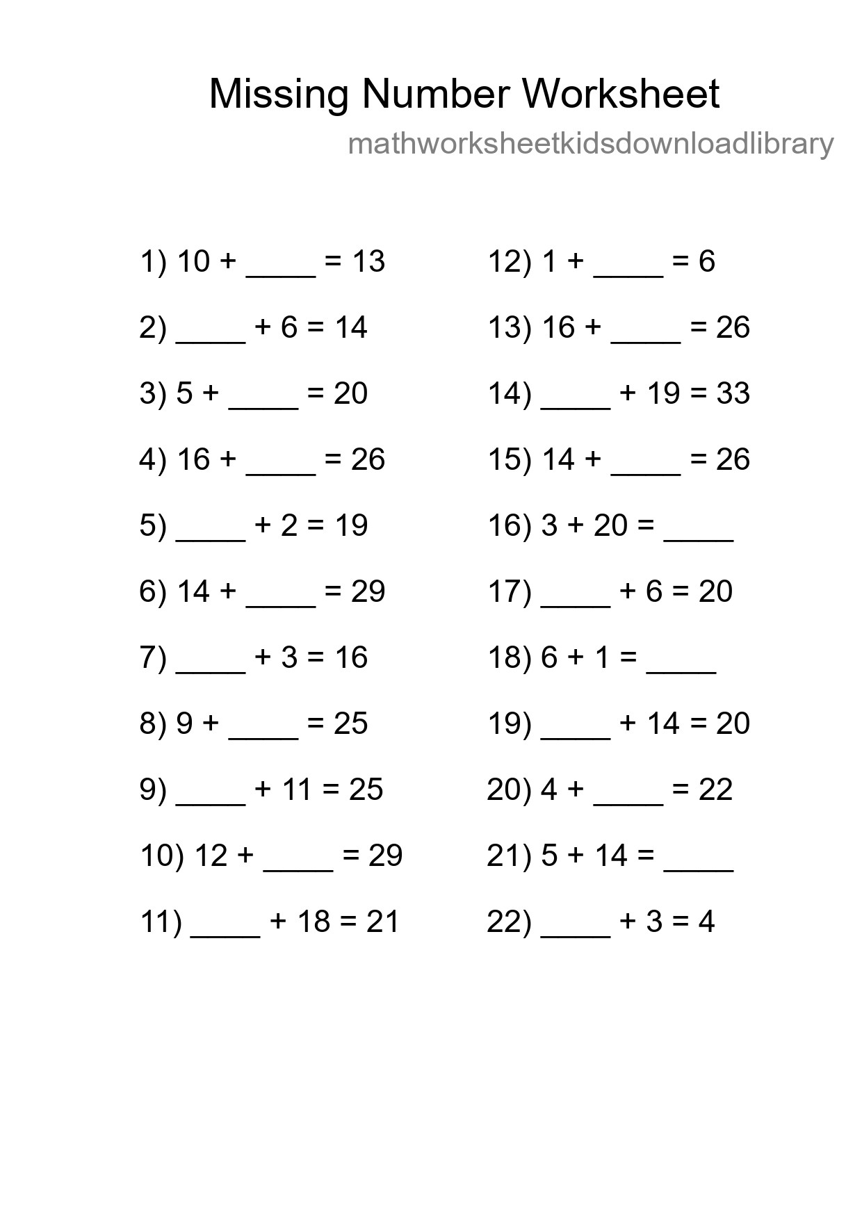 Missing Number Math Worksheet