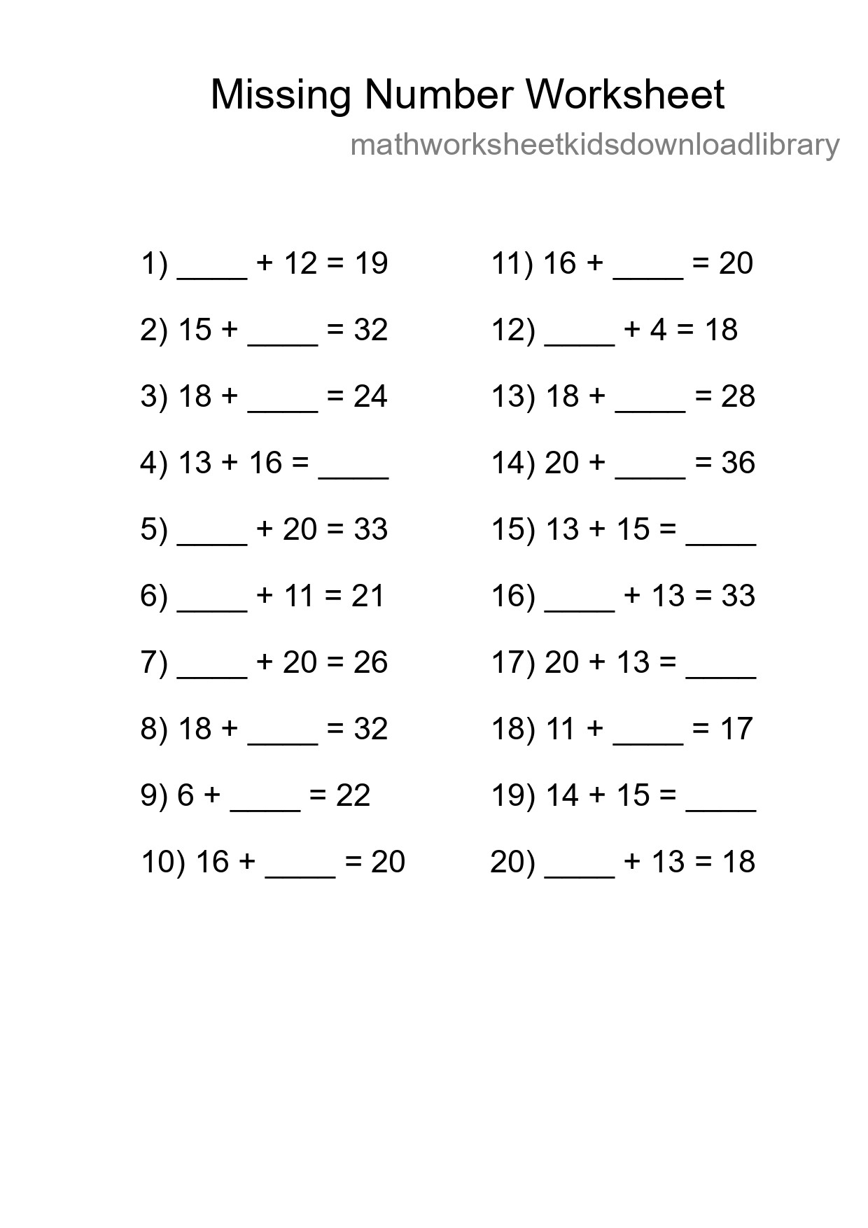 Missing Number Math Worksheet