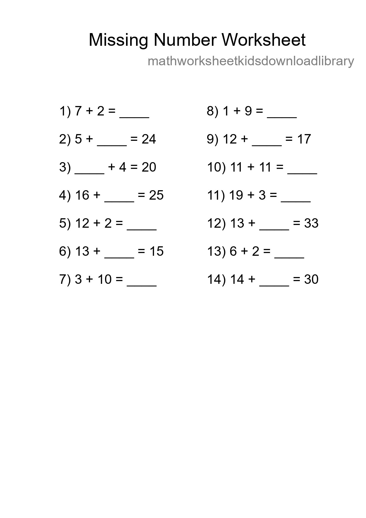 Missing Number Math Worksheet
