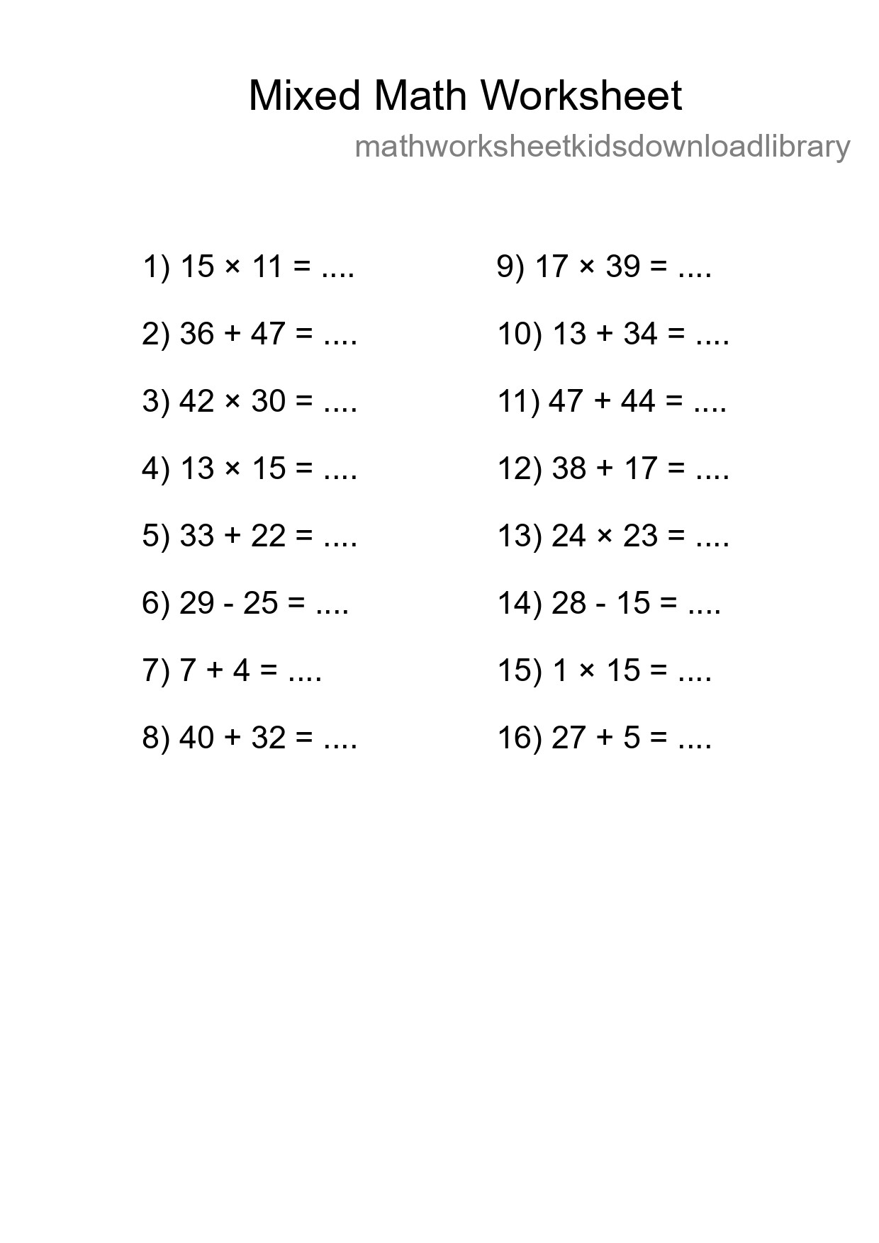 Mixed Operations Math Worksheet
