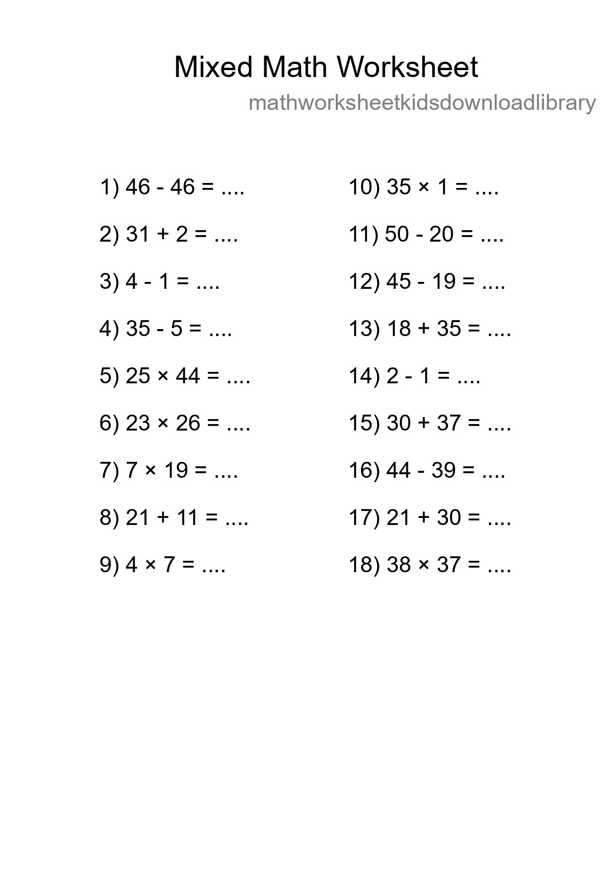Mixed Operations Math Worksheet