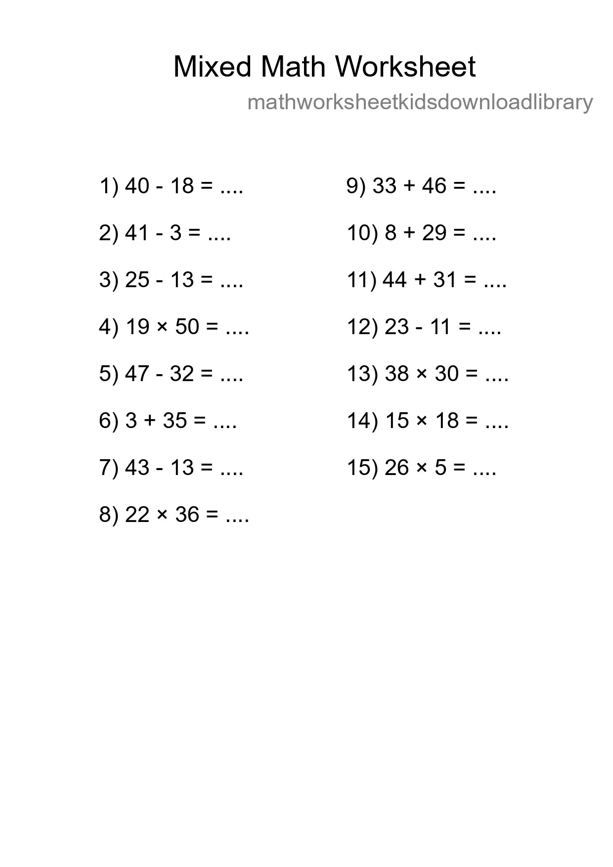 Mixed Operations Math Worksheet