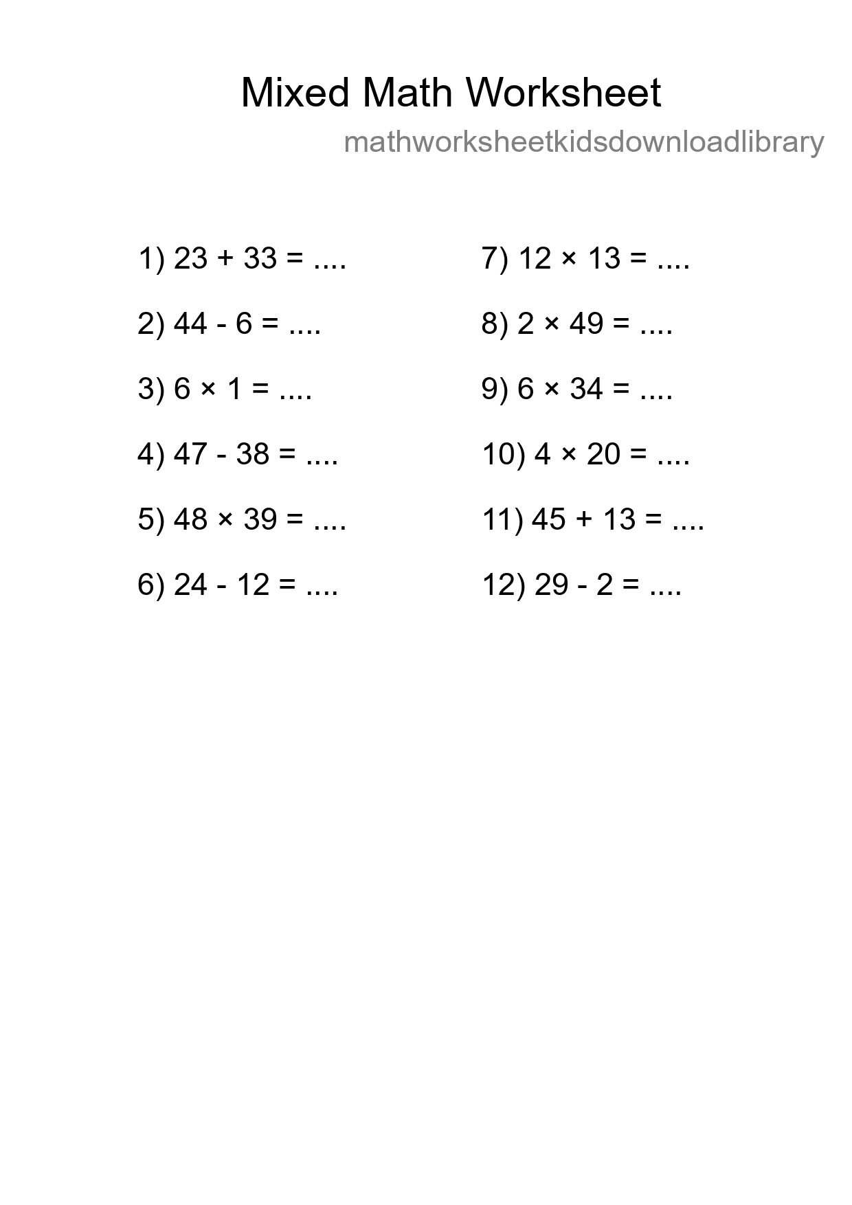 Mixed Operations Math Worksheet