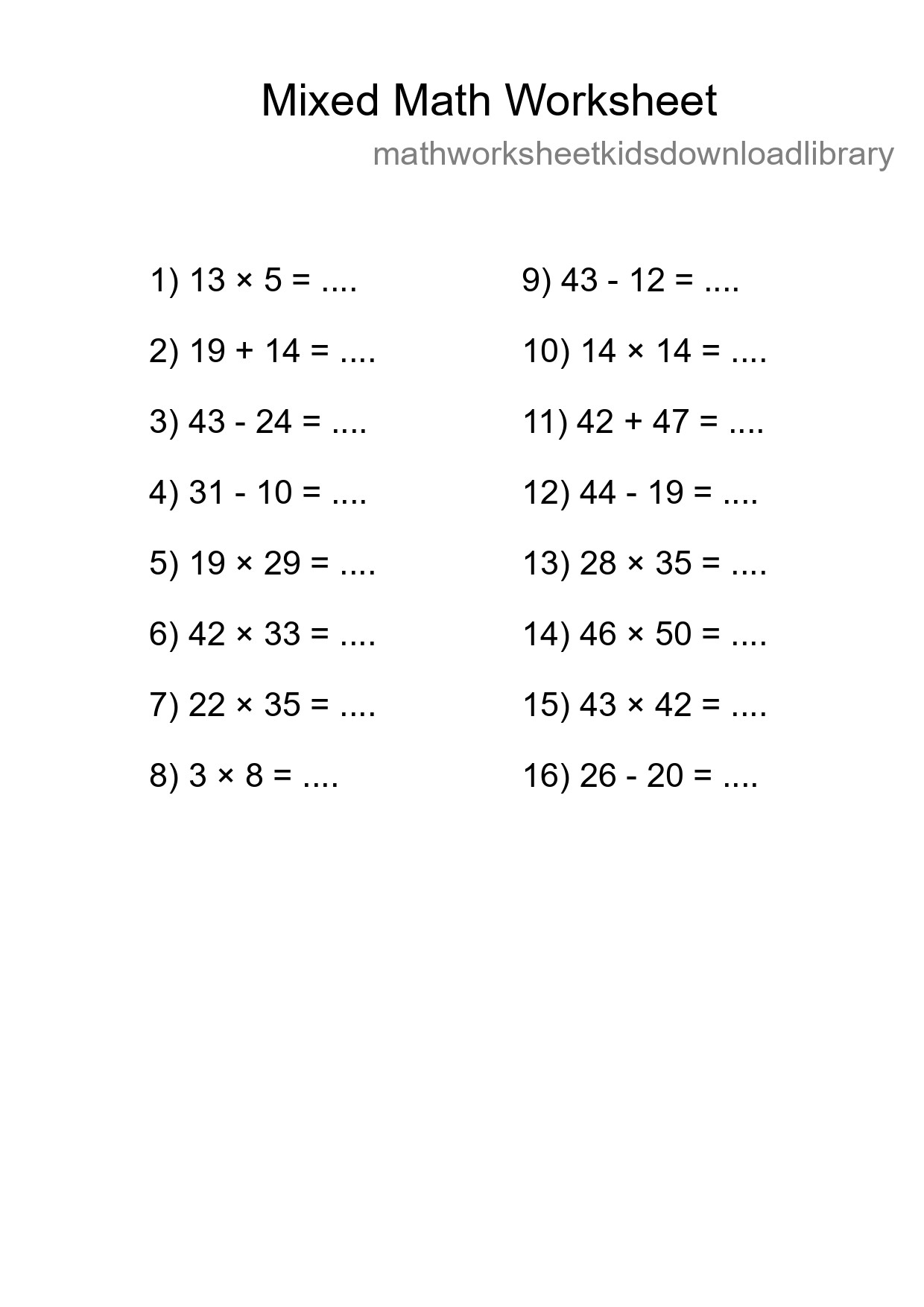 Mixed Operations Math Worksheet